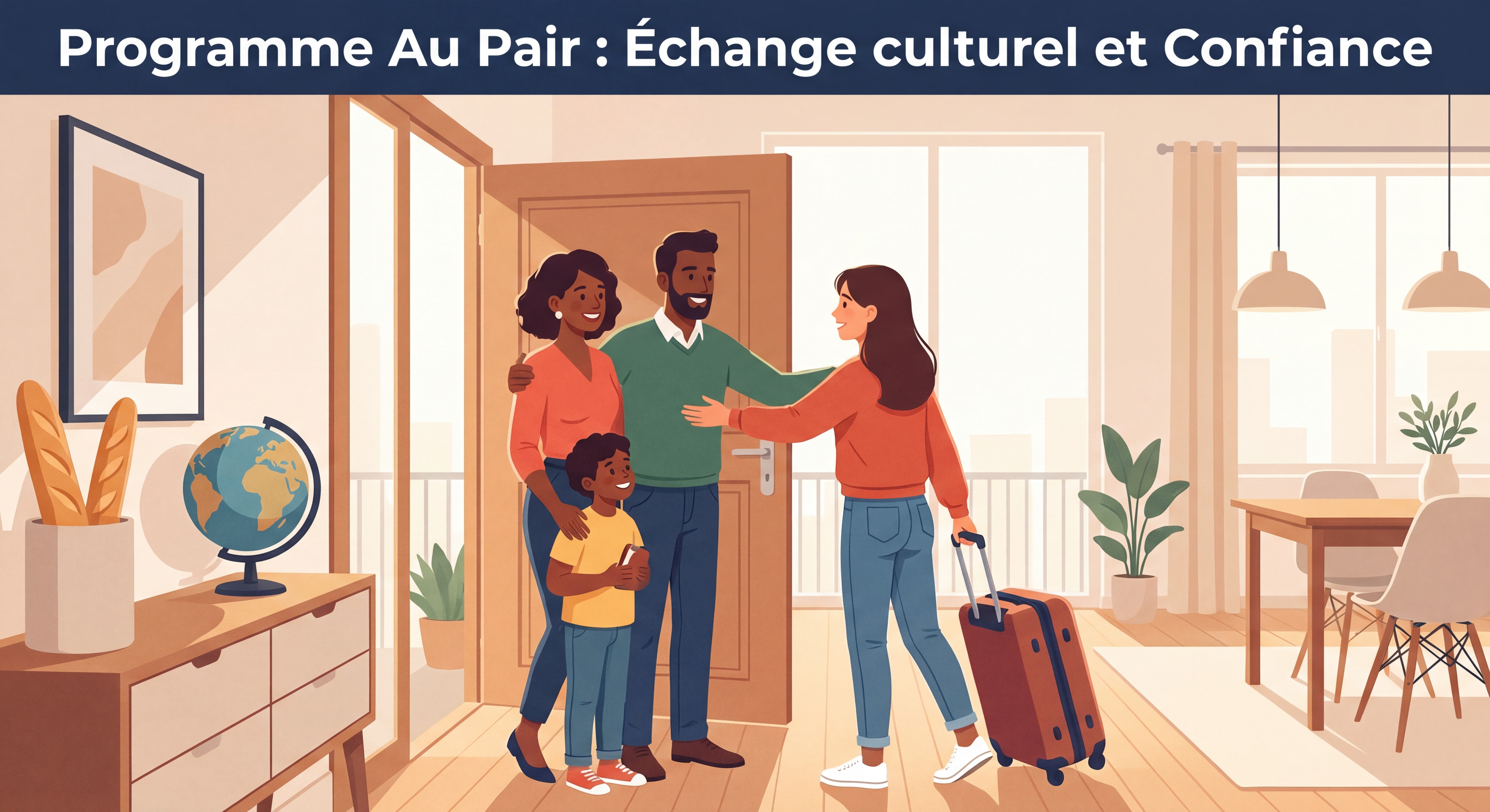 Famille d'accueil française accueillant chaleureusement une jeune au pair étrangère dans leur maison, illustrant l'échange culturel et la confiance au cœur du programme au pair