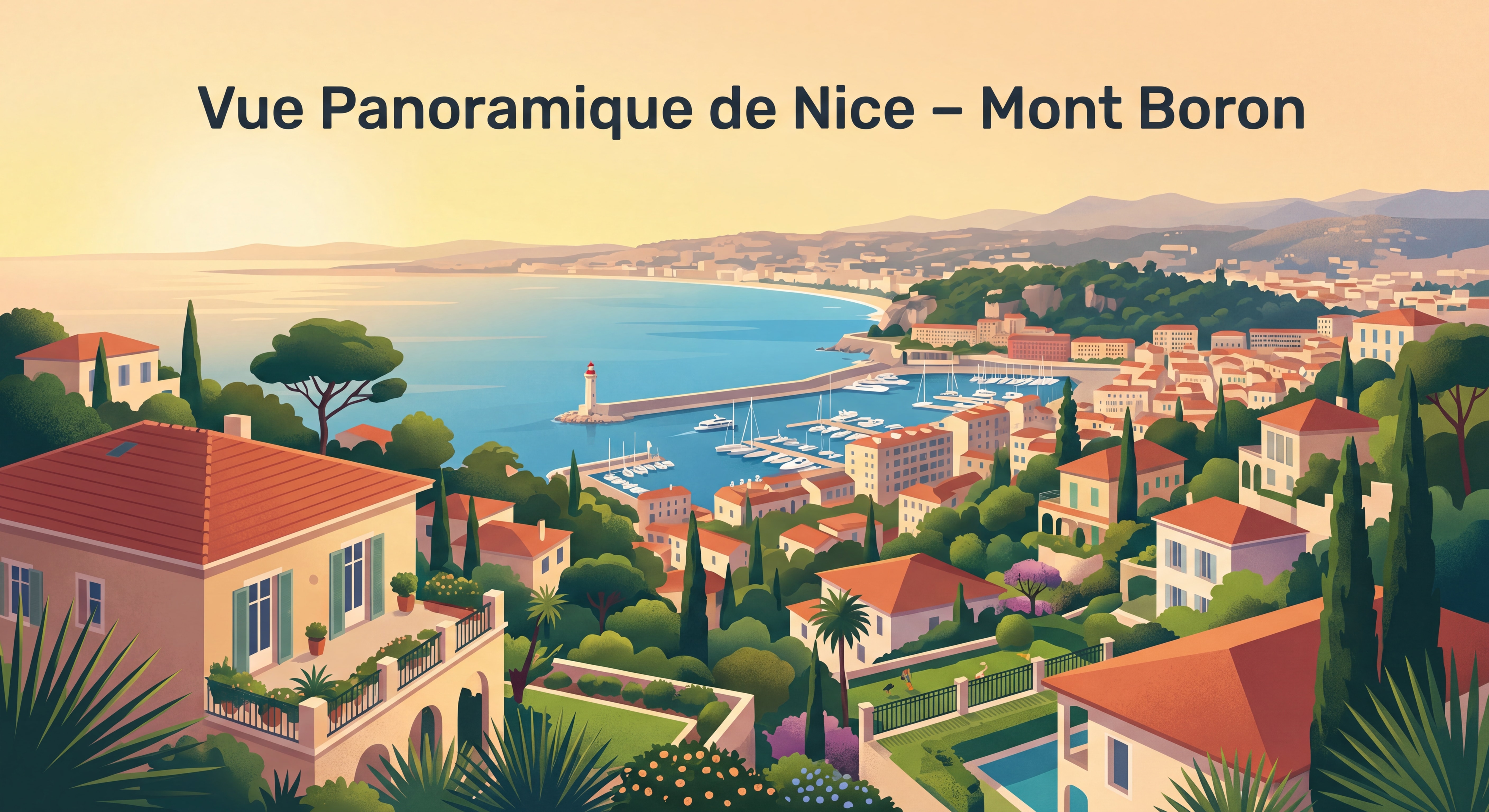 Vue panoramique sur la baie des Anges et le port de Nice depuis le quartier résidentiel du Mont Boron, colline verdoyante de la Côte d'Azur