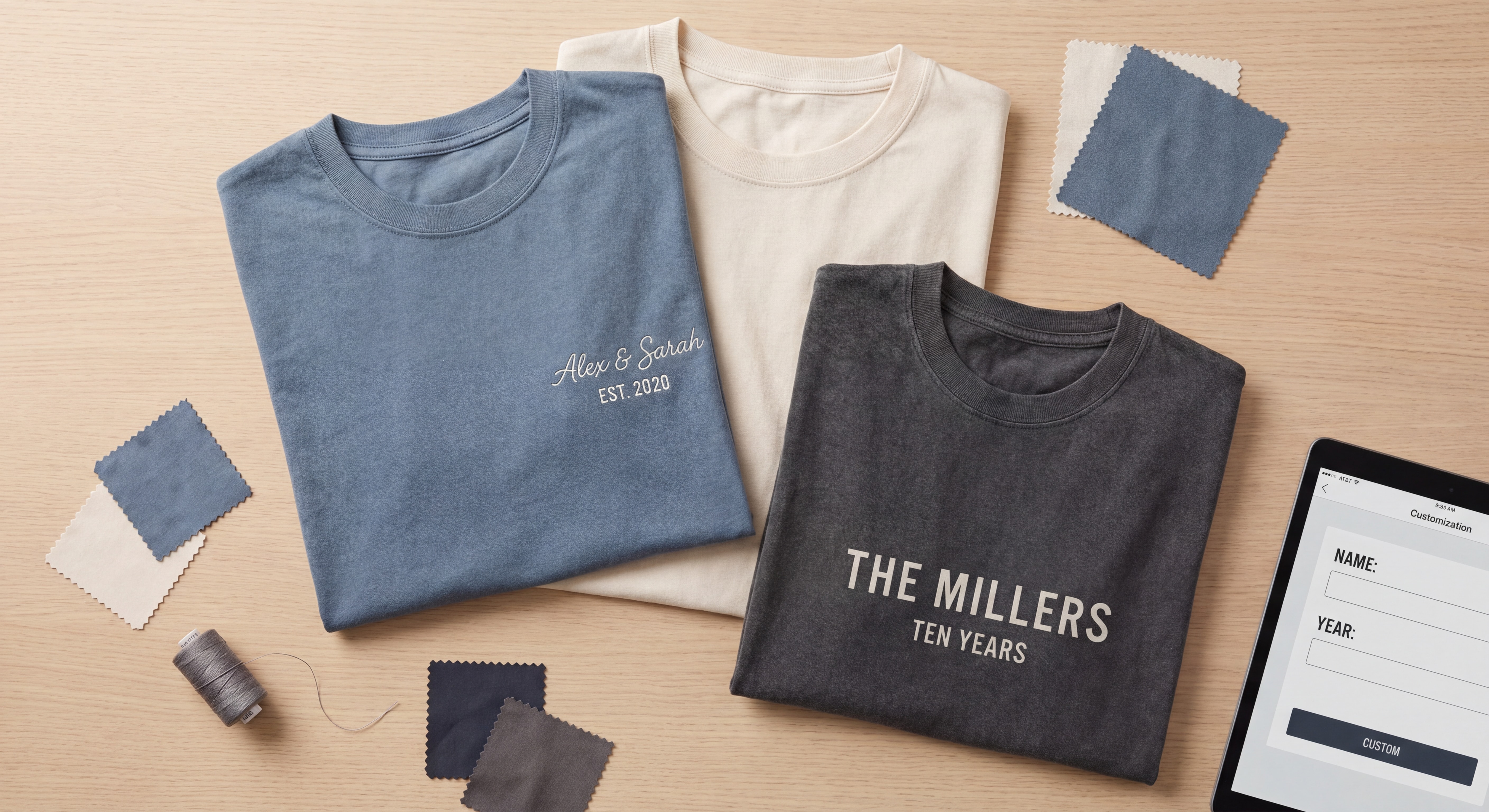 Flat lay of personalized anniversary shirts showing name and year customization options