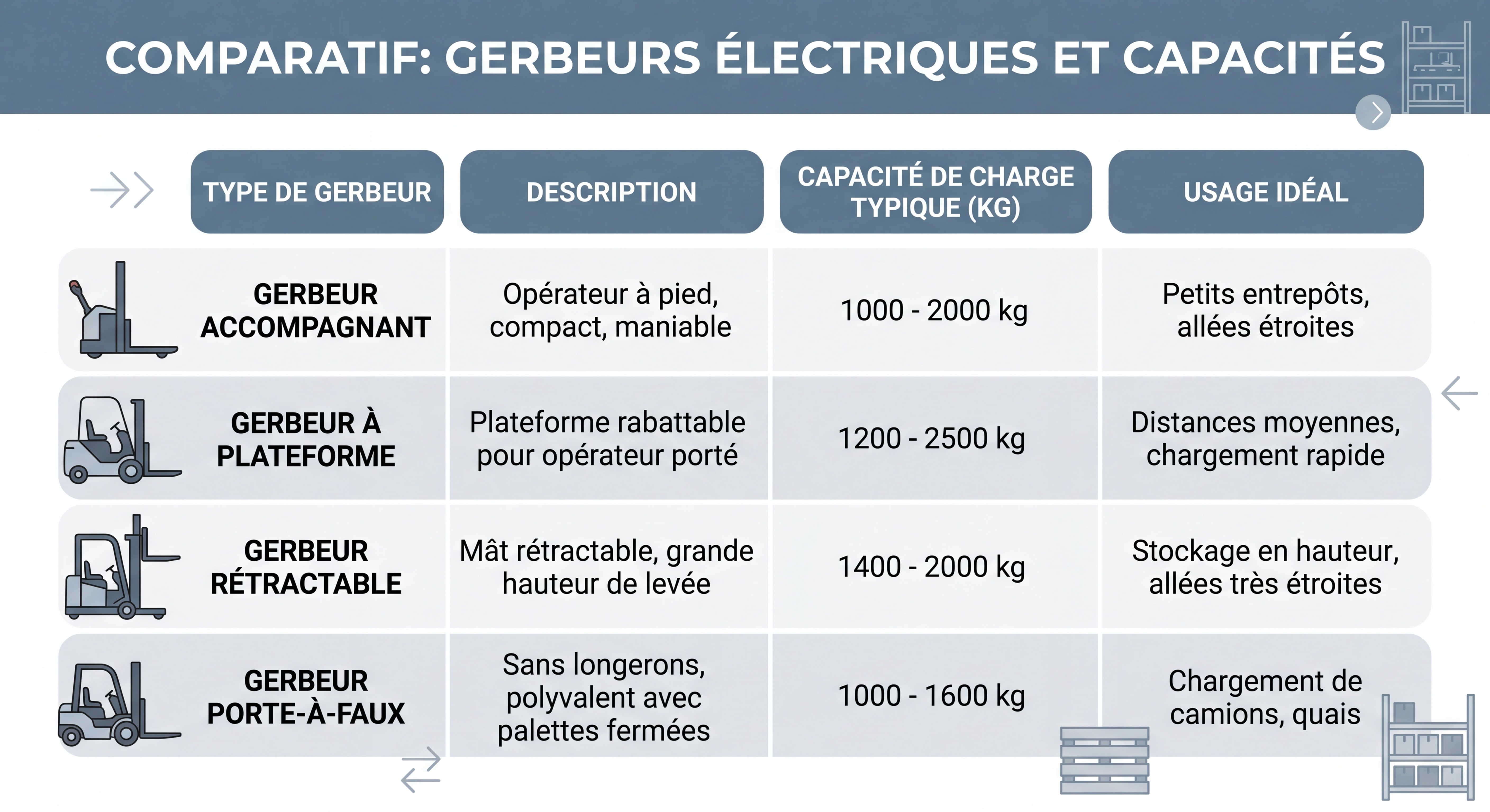 Tableau comparatif des différents types de gerbeurs électriques avec leurs capacités de charge