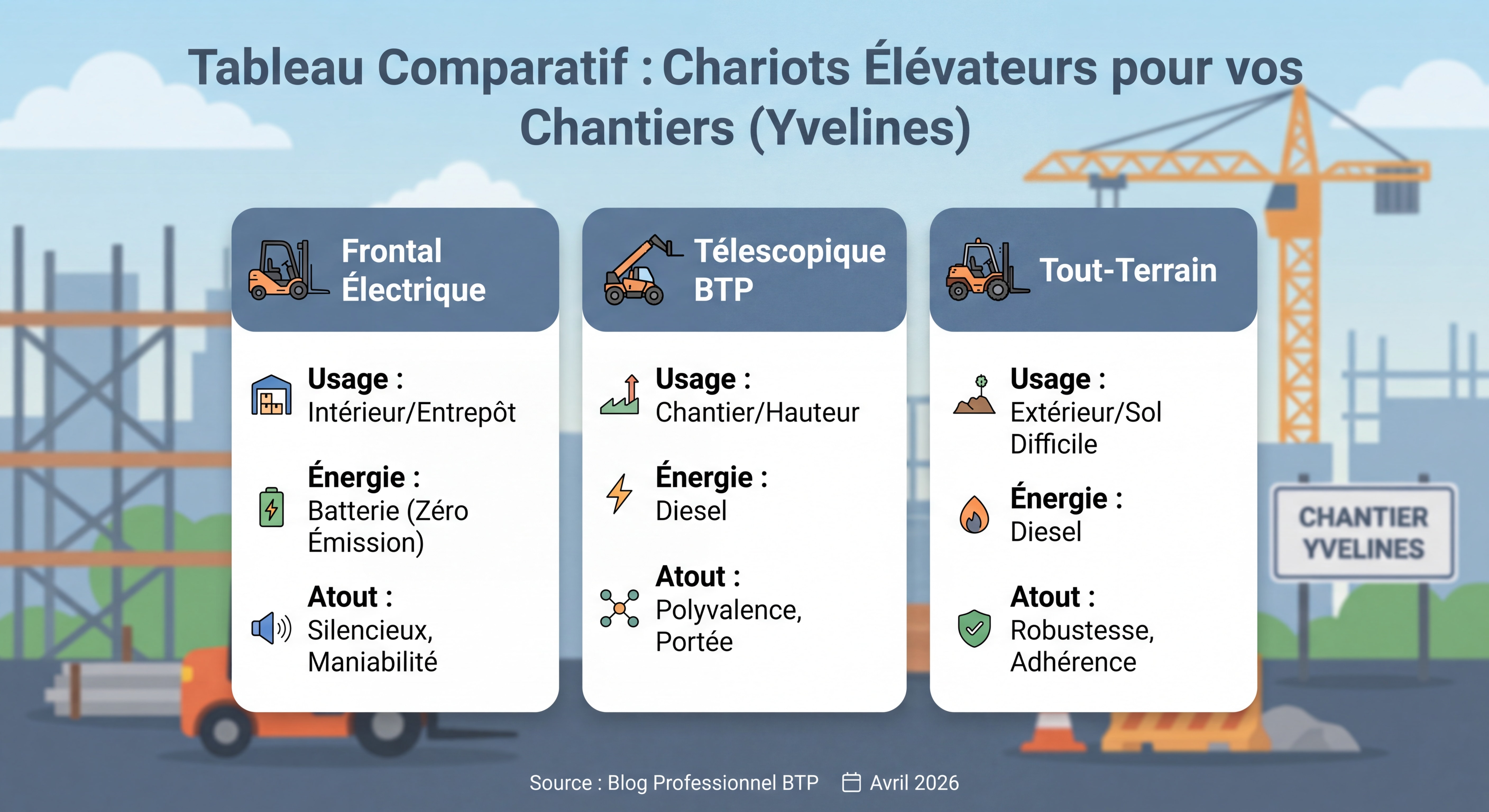 Tableau comparatif de différents types de chariots élévateurs - frontal électrique, télescopique BTP et tout-terrain sur chantier Yvelines