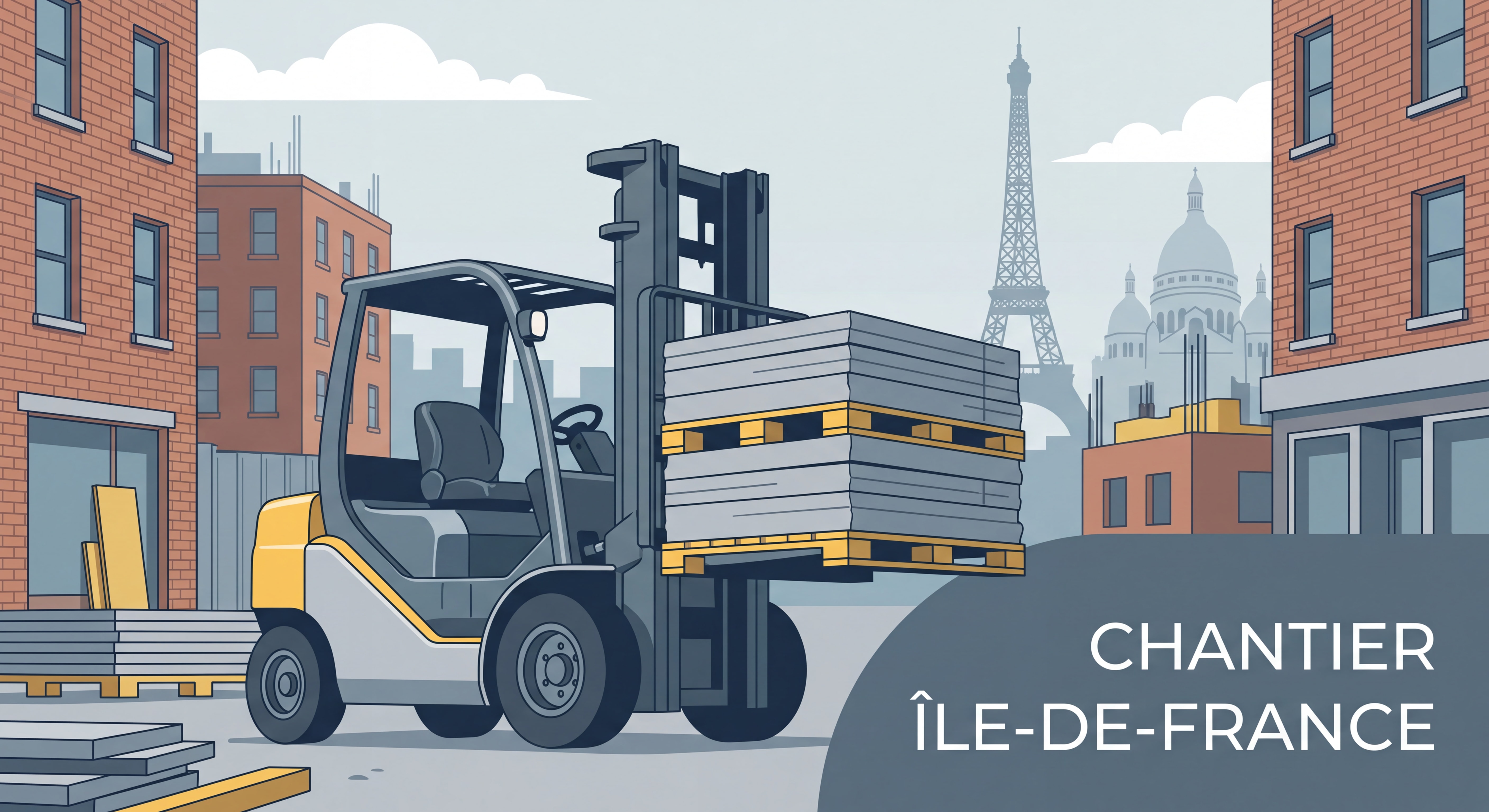 Chariot élévateur à fourches en action sur un chantier BTP en Île-de-France, levage de palettes lourdes