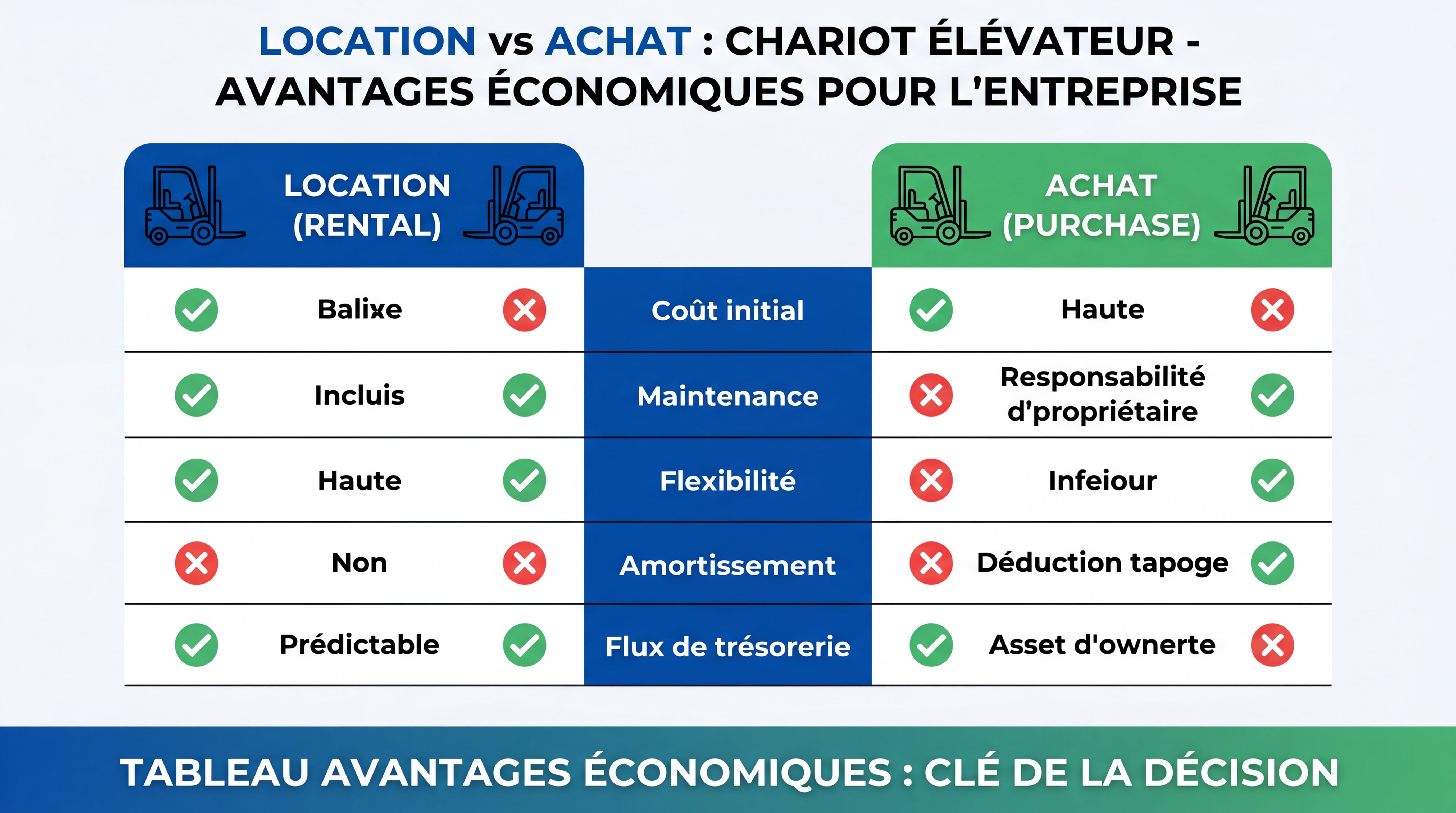 Comparaison location achat chariot élévateur - tableau avantages économiques pour entreprise