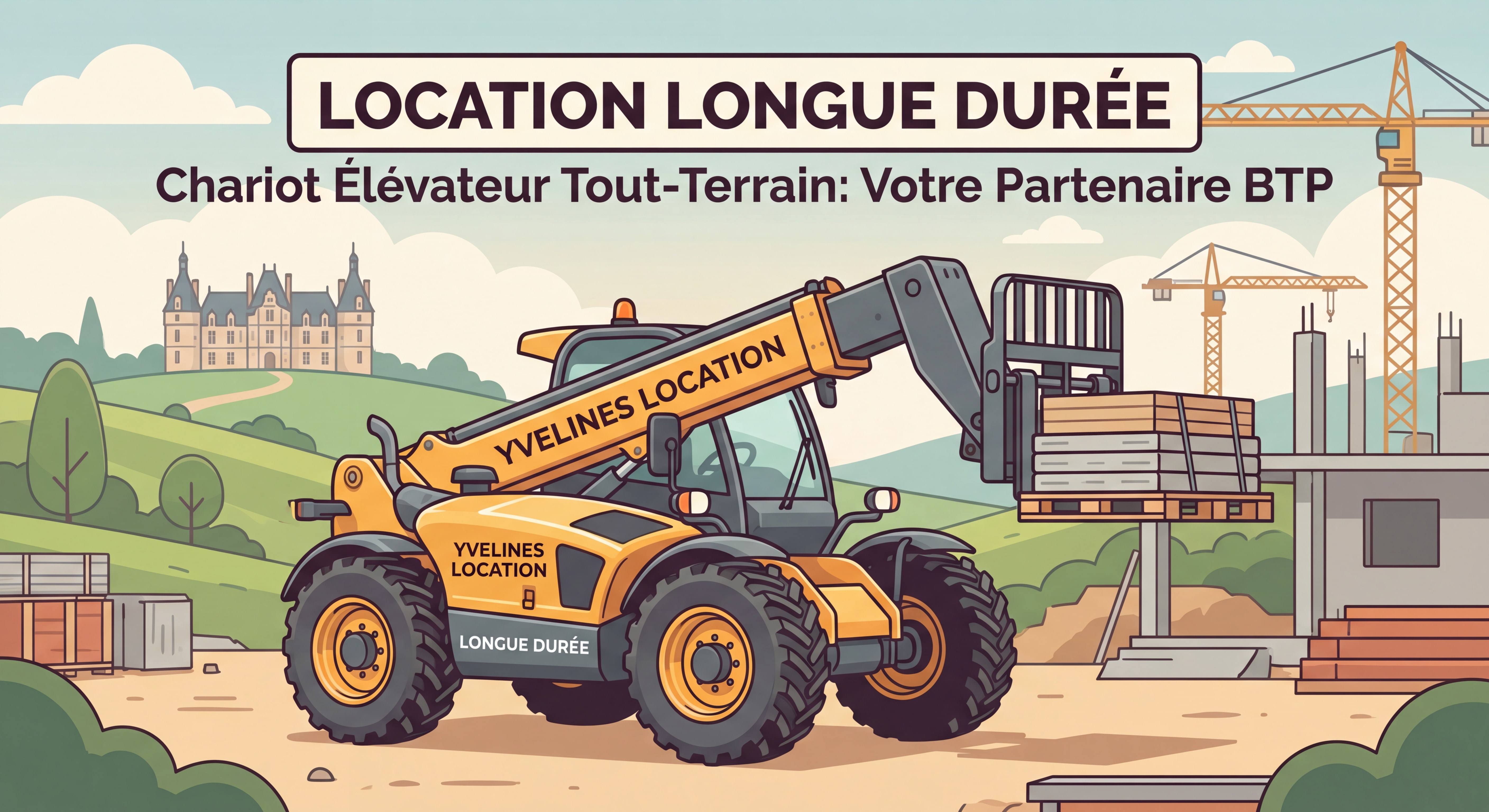 Chariot élévateur télescopique tout-terrain sur chantier BTP dans les Yvelines - location longue durée
