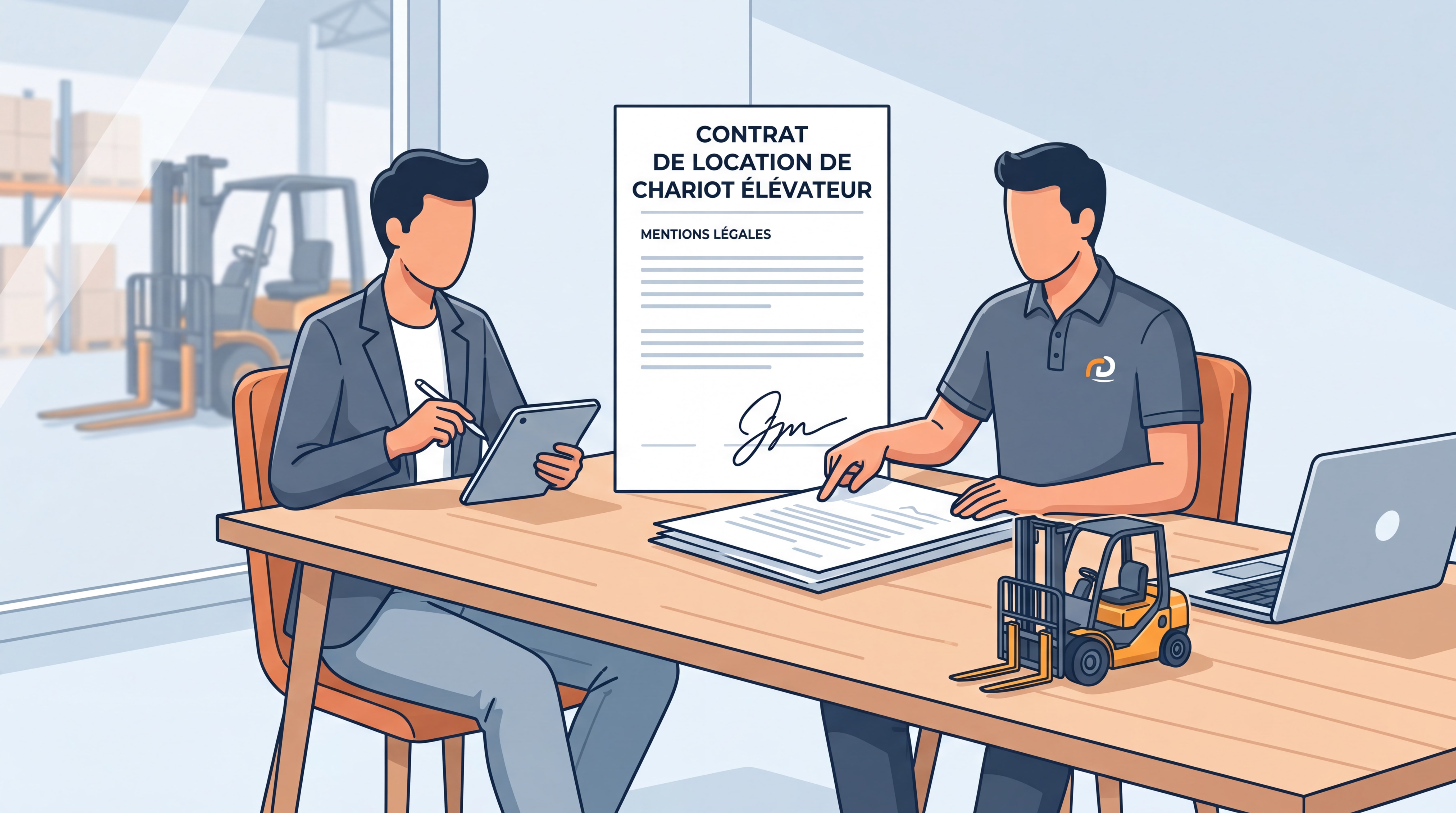 Signature d'un contrat de location de chariot élévateur entre un professionnel et un loueur, document officiel avec mentions légales