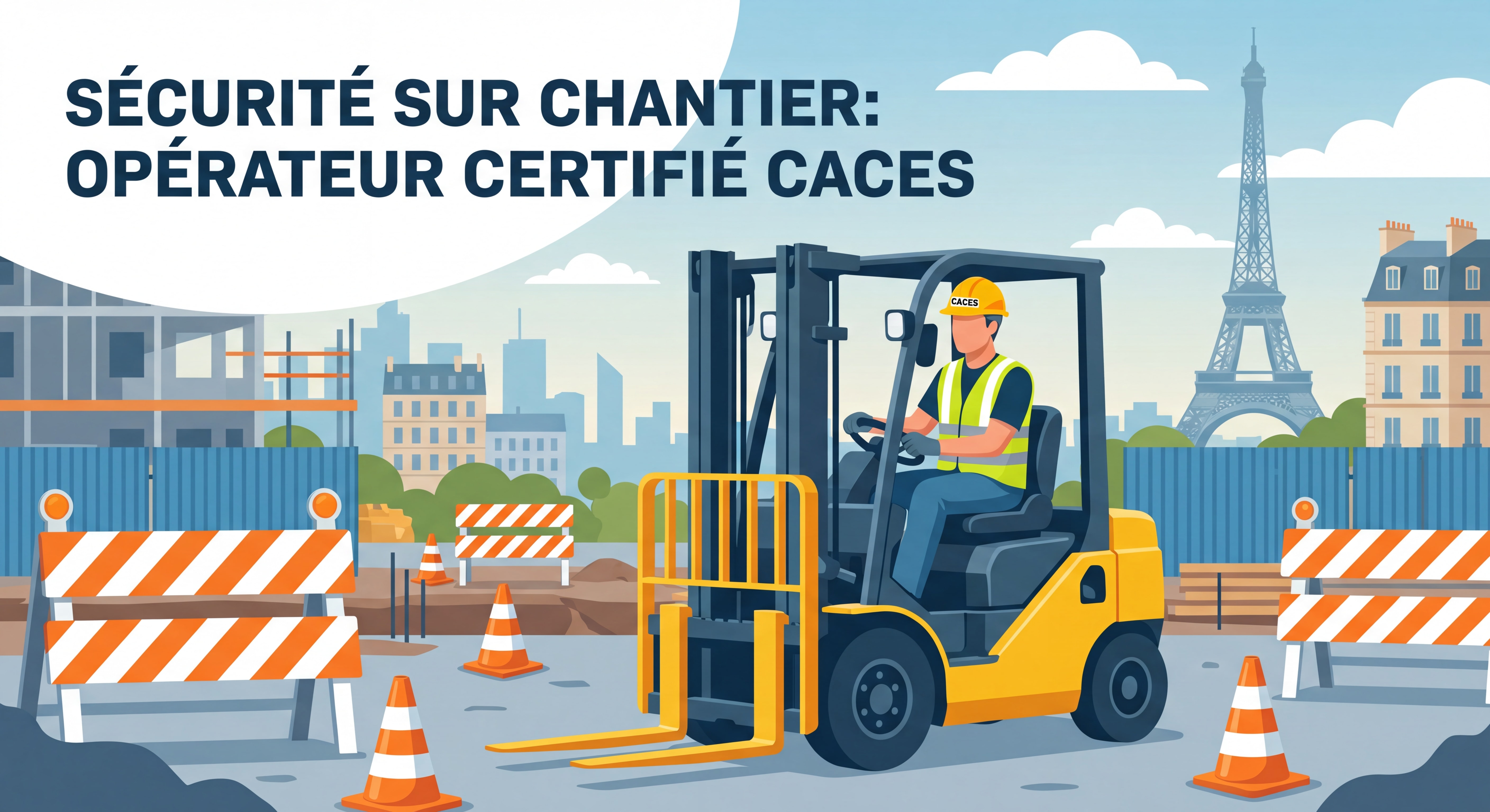 Opérateur certifié CACES conduisant un chariot élévateur sur un chantier en Île-de-France, respect des règles de sécurité