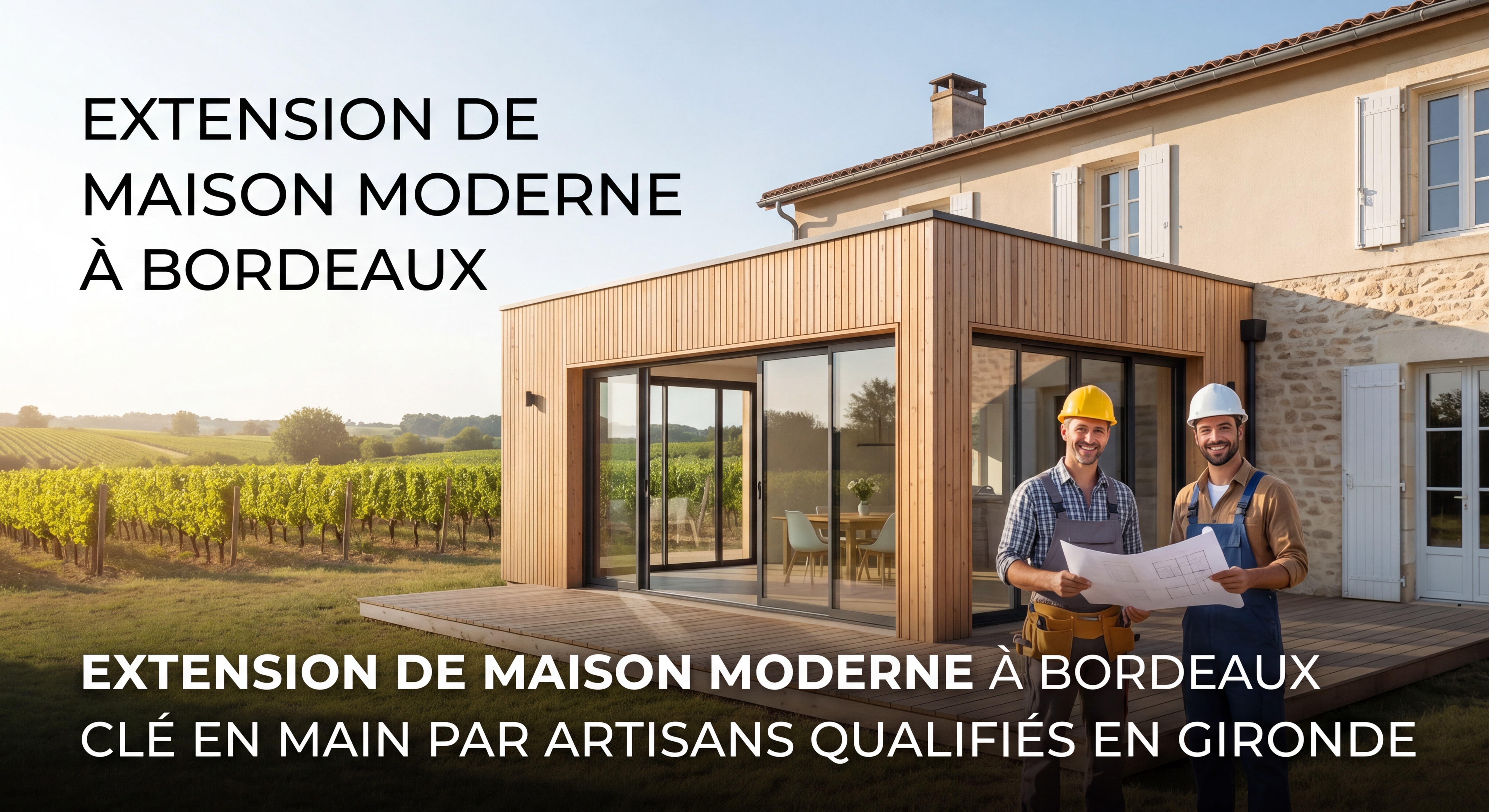 Extension de maison moderne en ossature bois dans la région bordelaise, agrandissement clé en main réalisé par des artisans qualifiés en Gironde