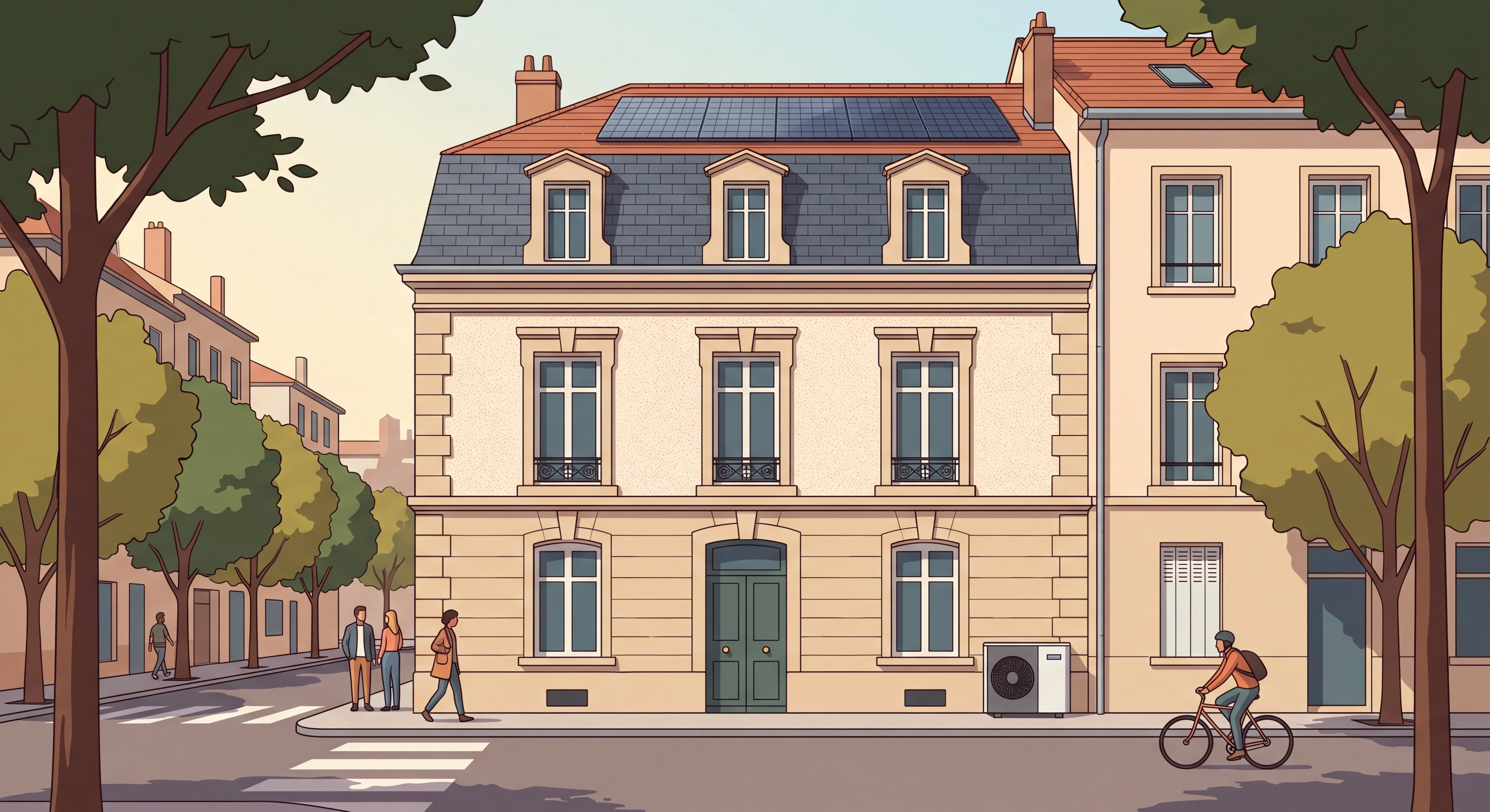Façade d'une maison lyonnaise rénovée avec isolation thermique par l'extérieur, panneaux solaires et pompe à chaleur installée, quartier des Brotteaux Lyon
