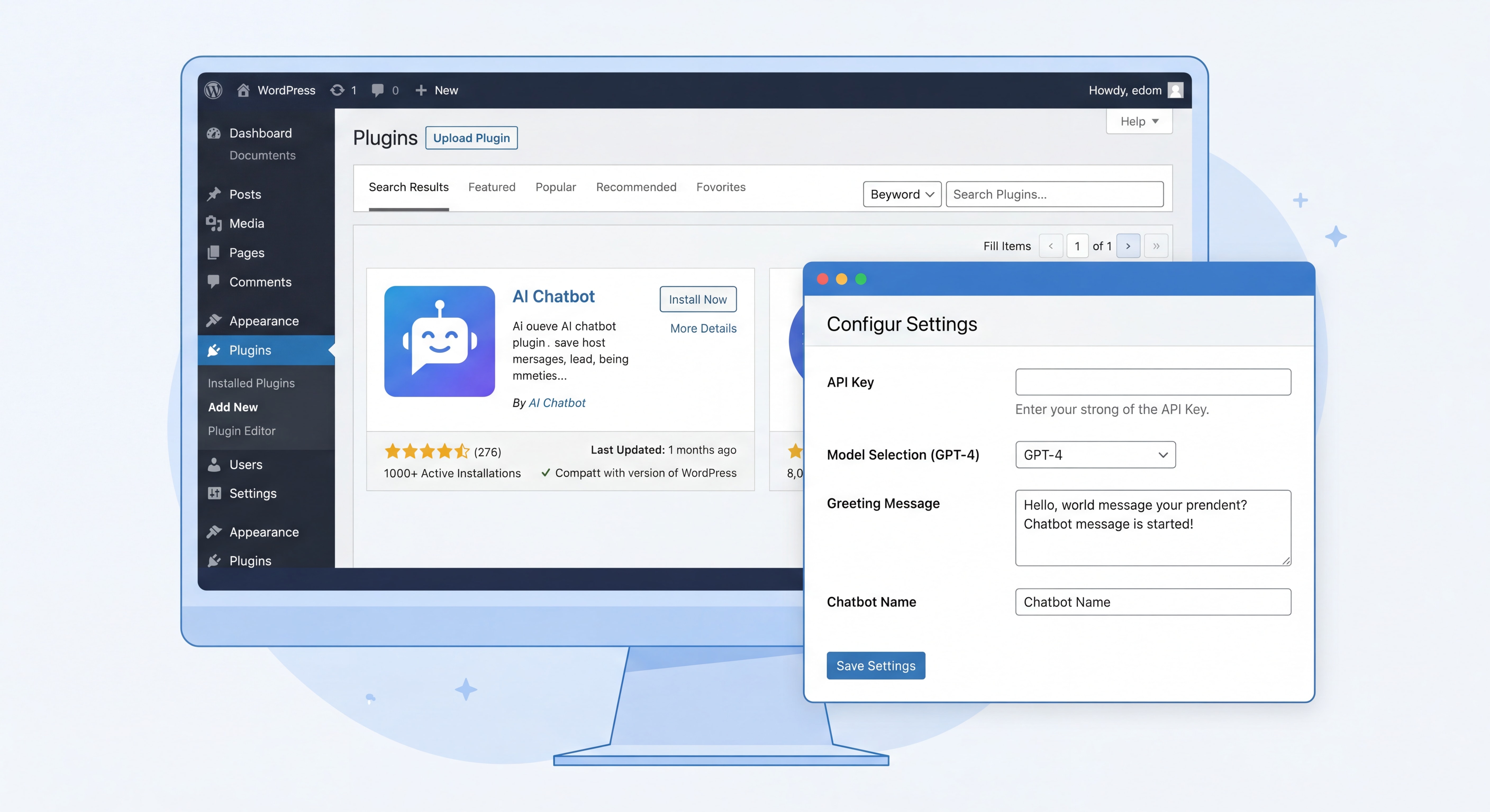 WordPress dashboard showing AI chatbot plugin installation and configuration settings