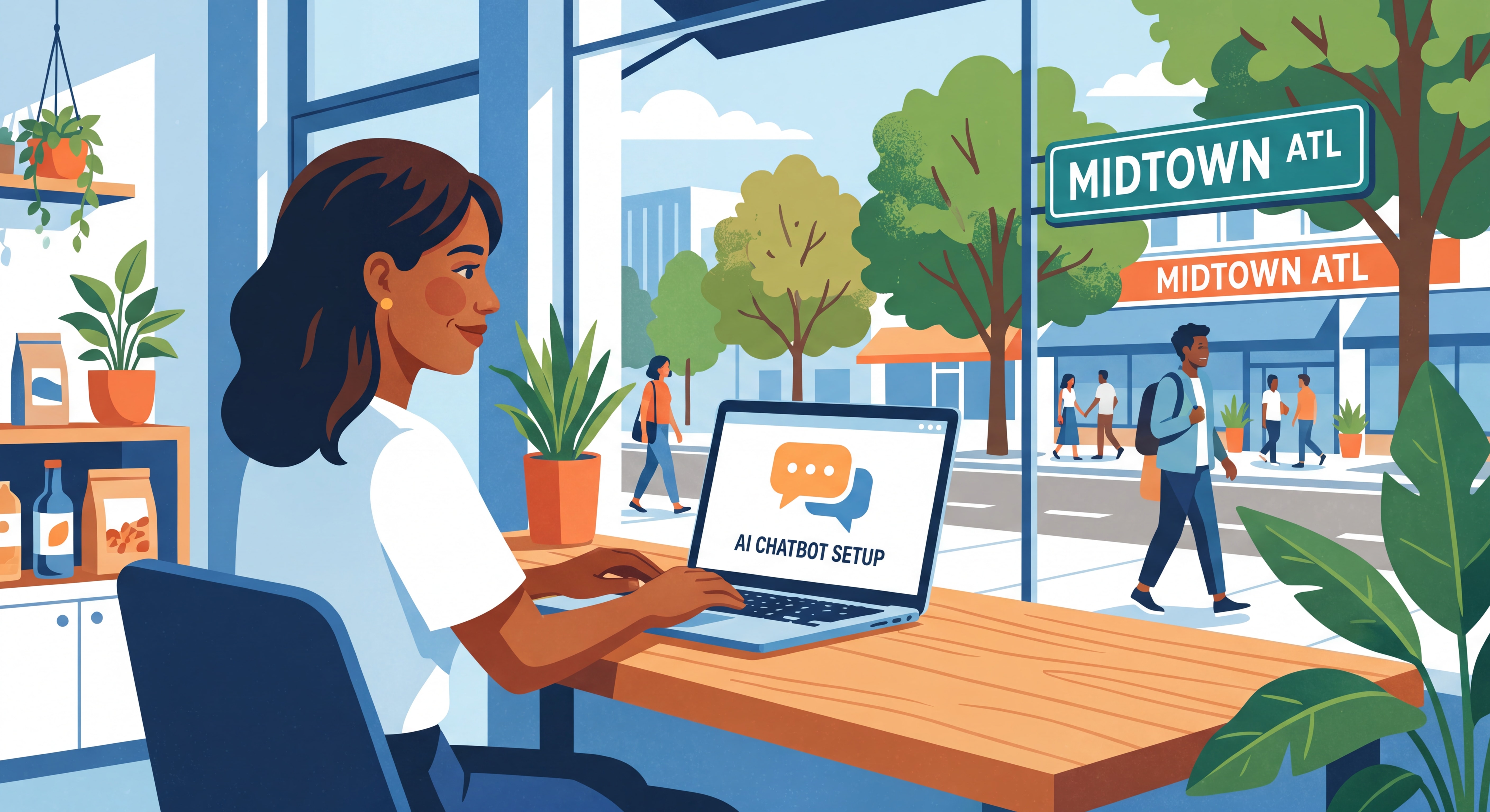 Atlanta small business owner setting up an AI chatbot on a laptop inside a Midtown storefront