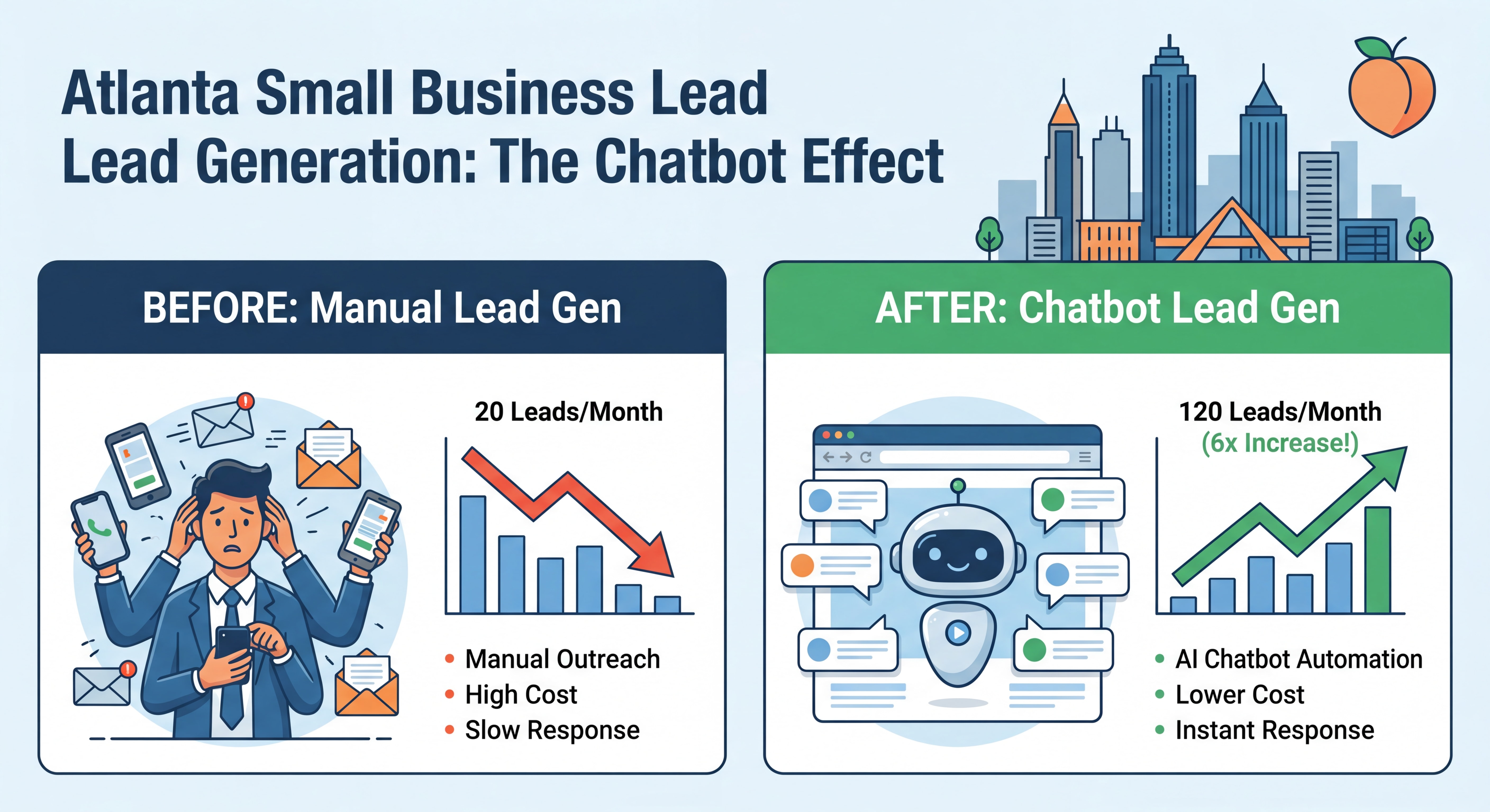 Before and after comparison chart showing chatbot lead generation results for an Atlanta small business