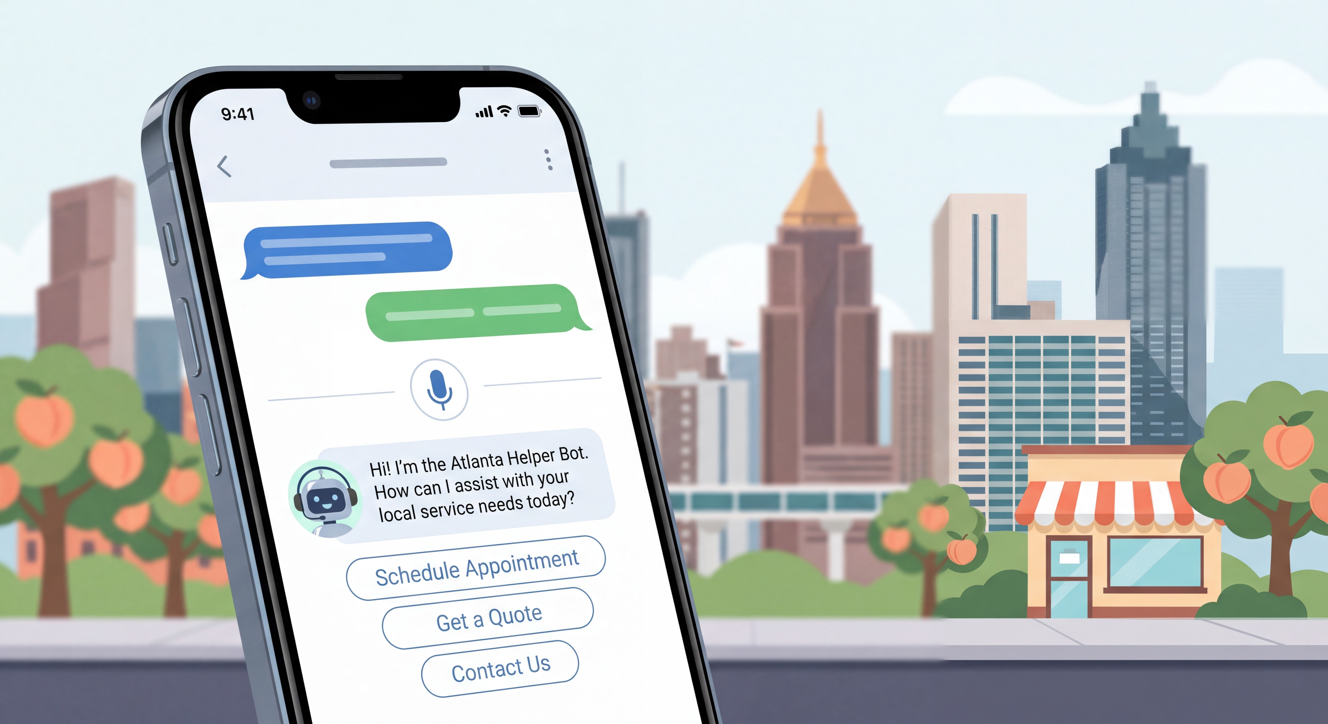 Smartphone showing a voice AI chatbot interface for a small Atlanta service business