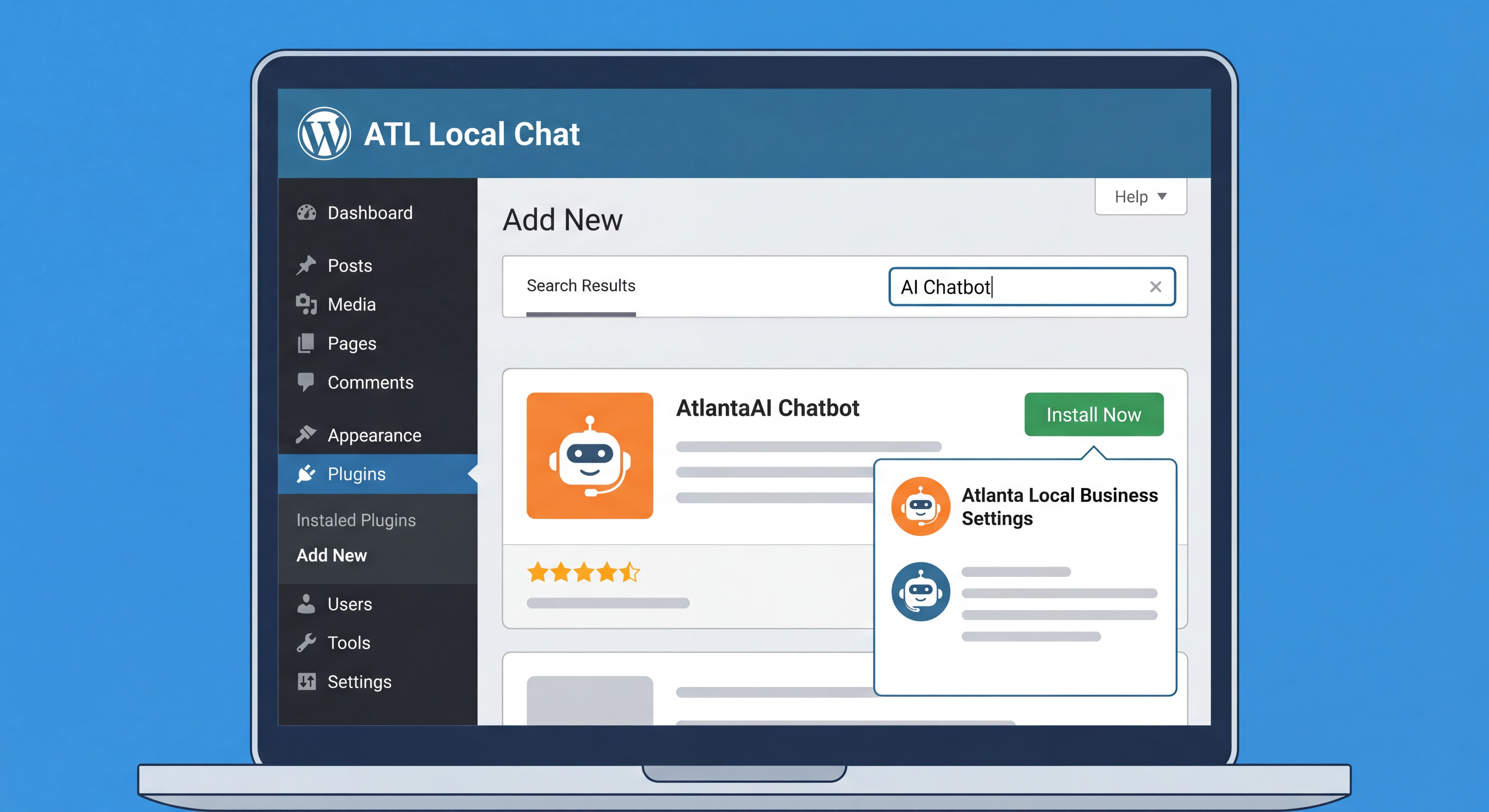 WordPress admin dashboard showing AI chatbot plugin installation and configuration for a small Atlanta business website
