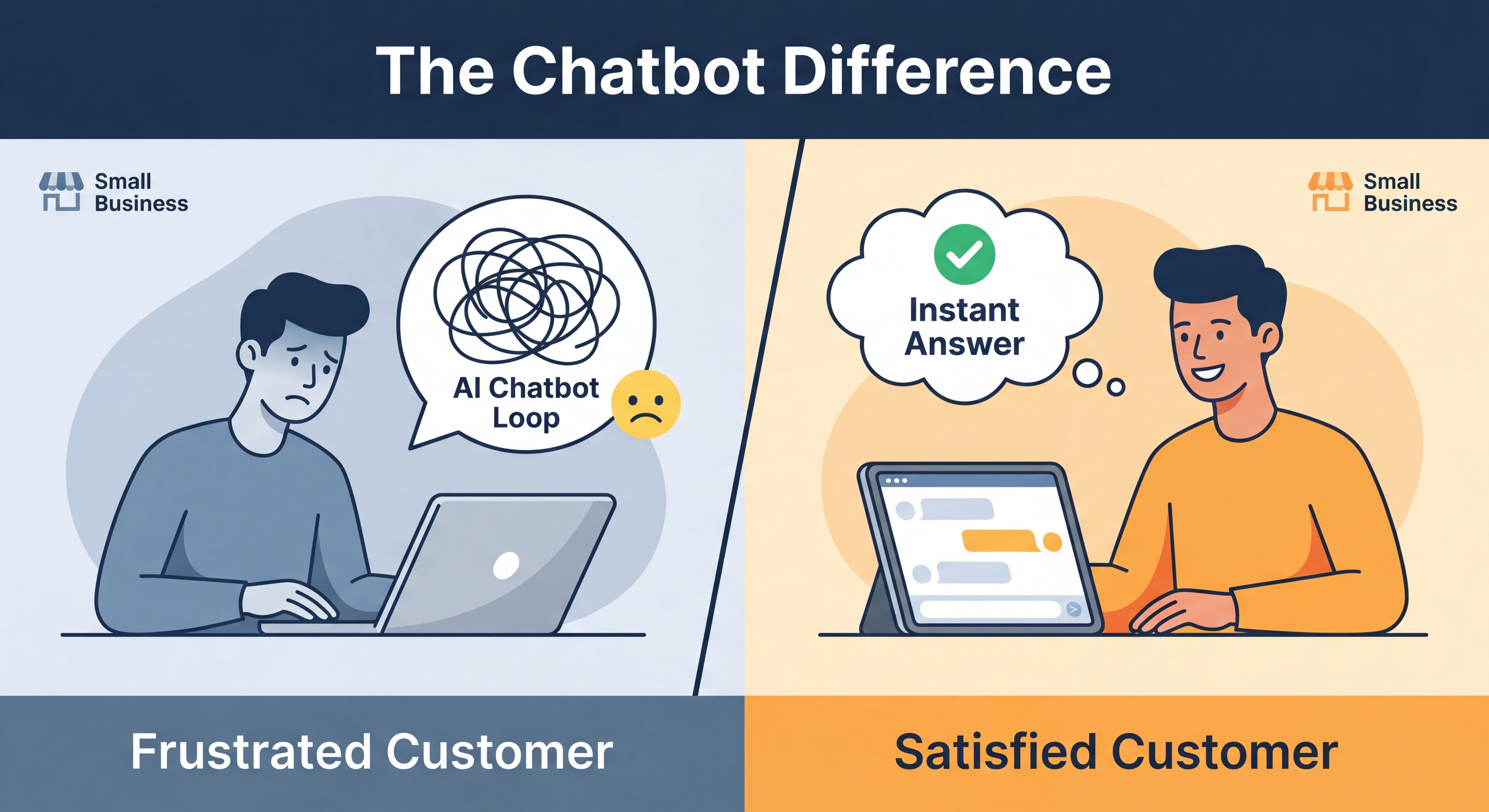 Split-screen comparison showing frustrated customer stuck in AI chatbot loop vs. satisfied customer getting instant answer from well-configured small business chatbot