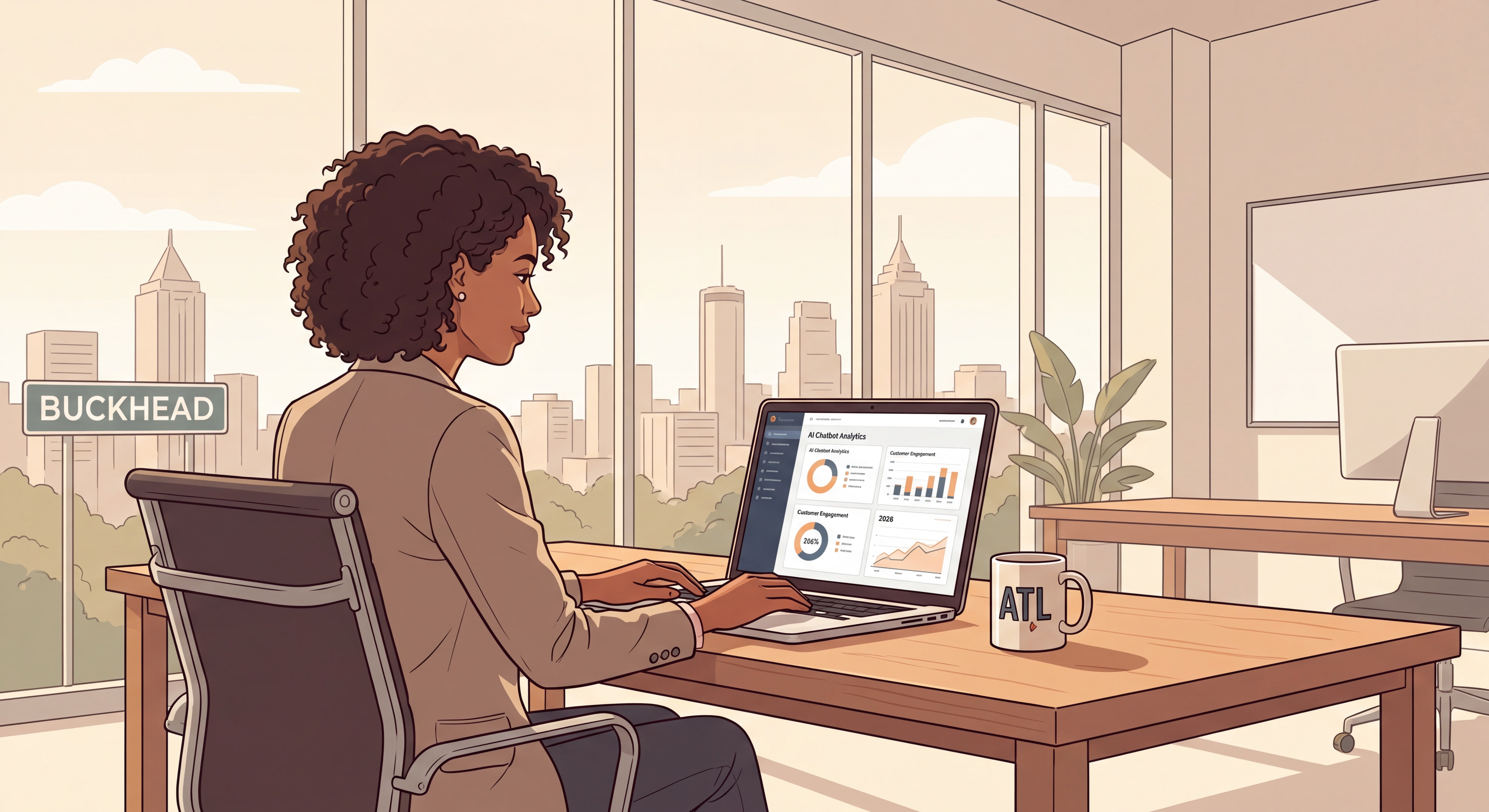 Atlanta small business owner reviewing AI chatbot dashboard on laptop in a Buckhead office, 2026