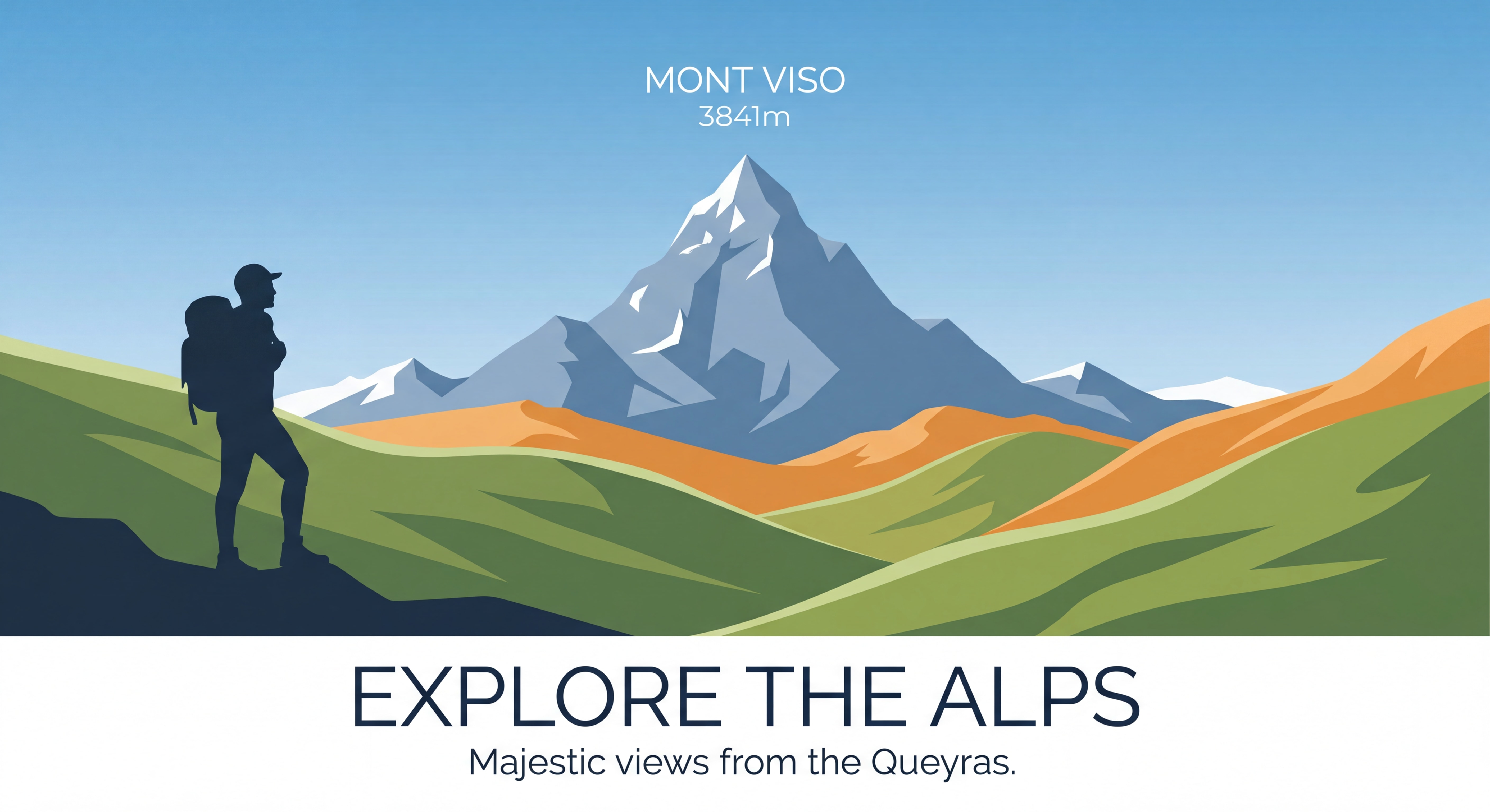 Vue majestueuse du Mont Viso depuis le Queyras, avec un randonneur en premier plan contemplant le sommet pyramidal à 3841 mètres