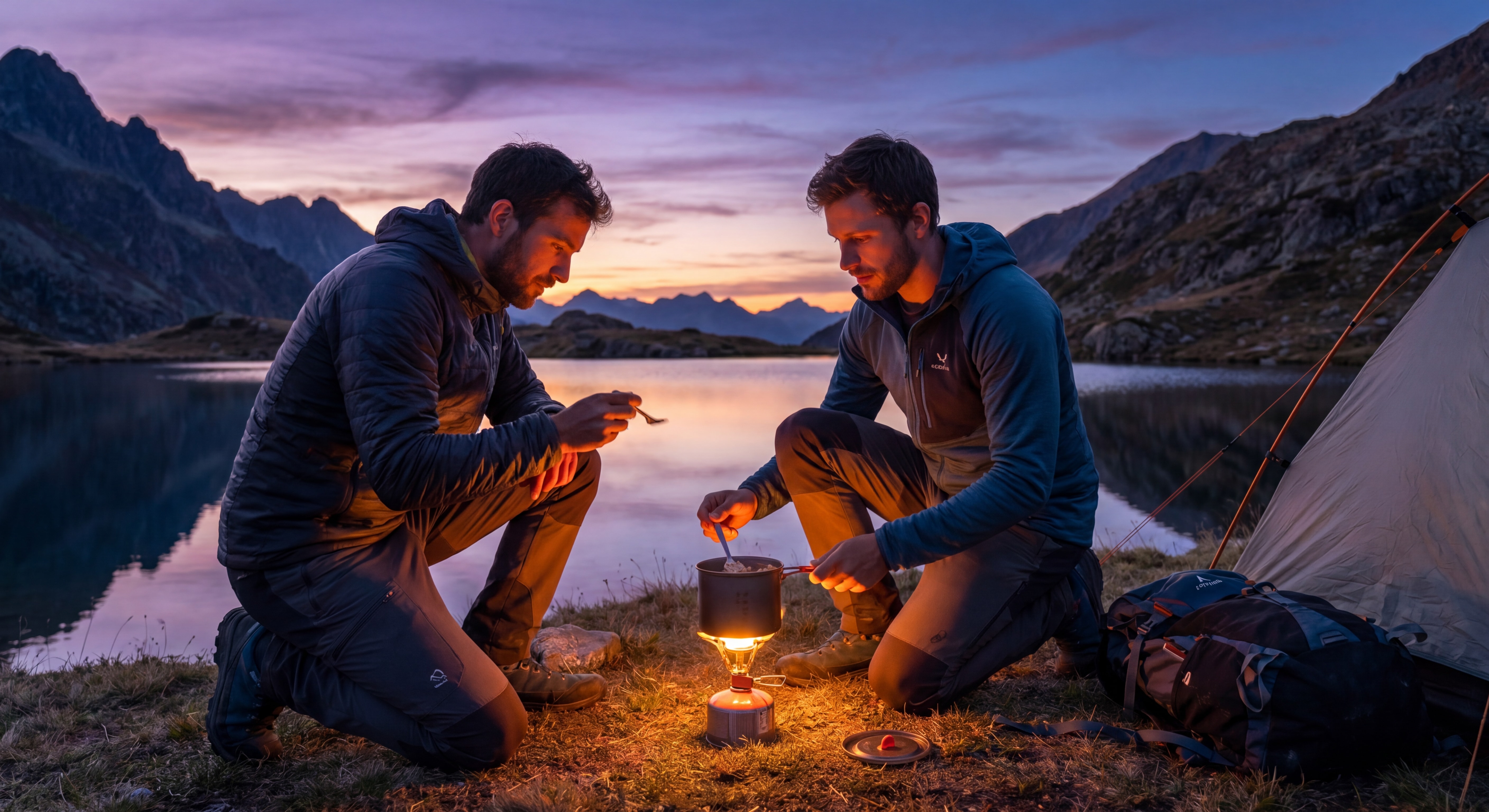 Randonneur préparant un repas lyophilisé sur son réchaud de camping au bord d'un lac de montagne au crépuscule