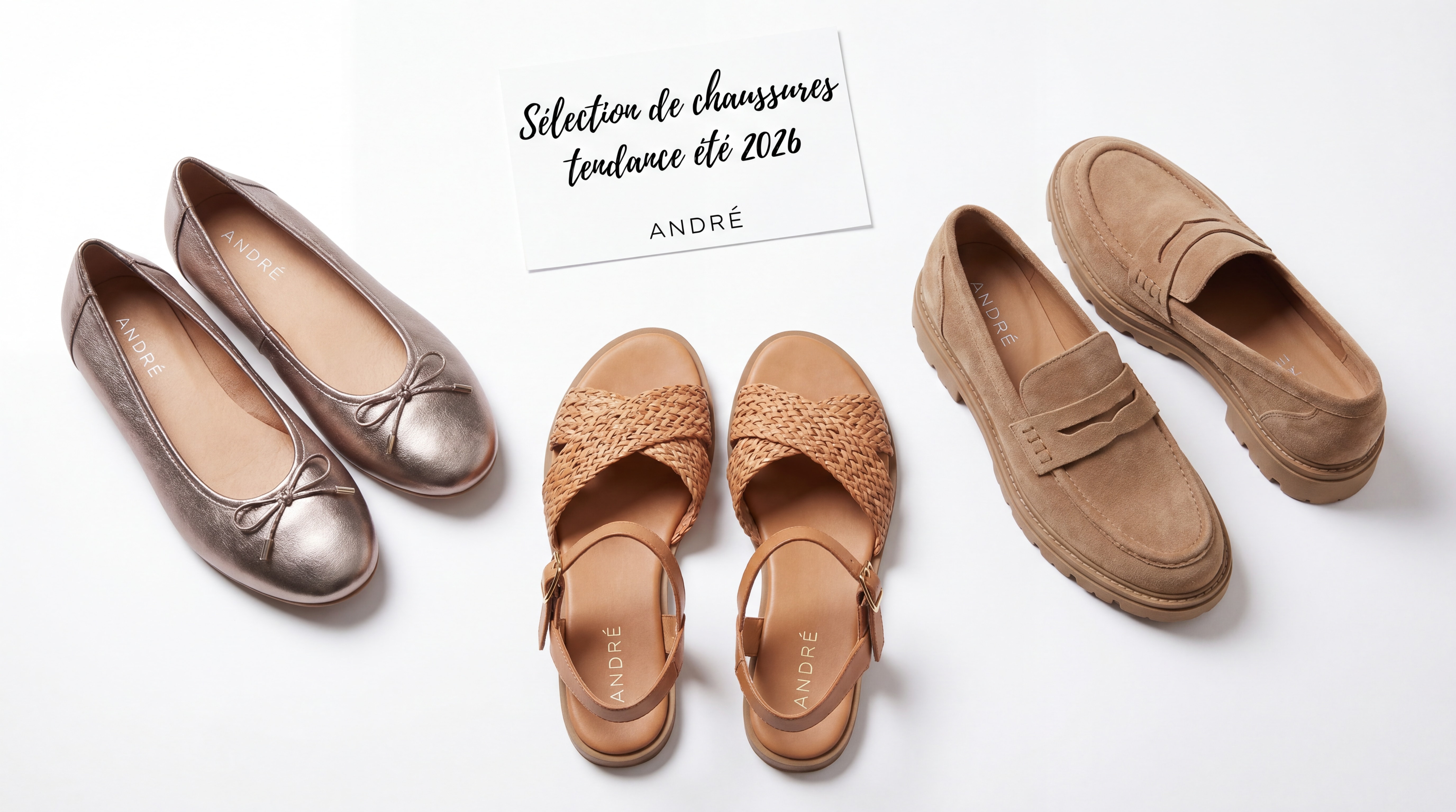 Selection of trendy summer 2026 shoes — ballerinas, sandals, and André loafers arranged on a clean white background