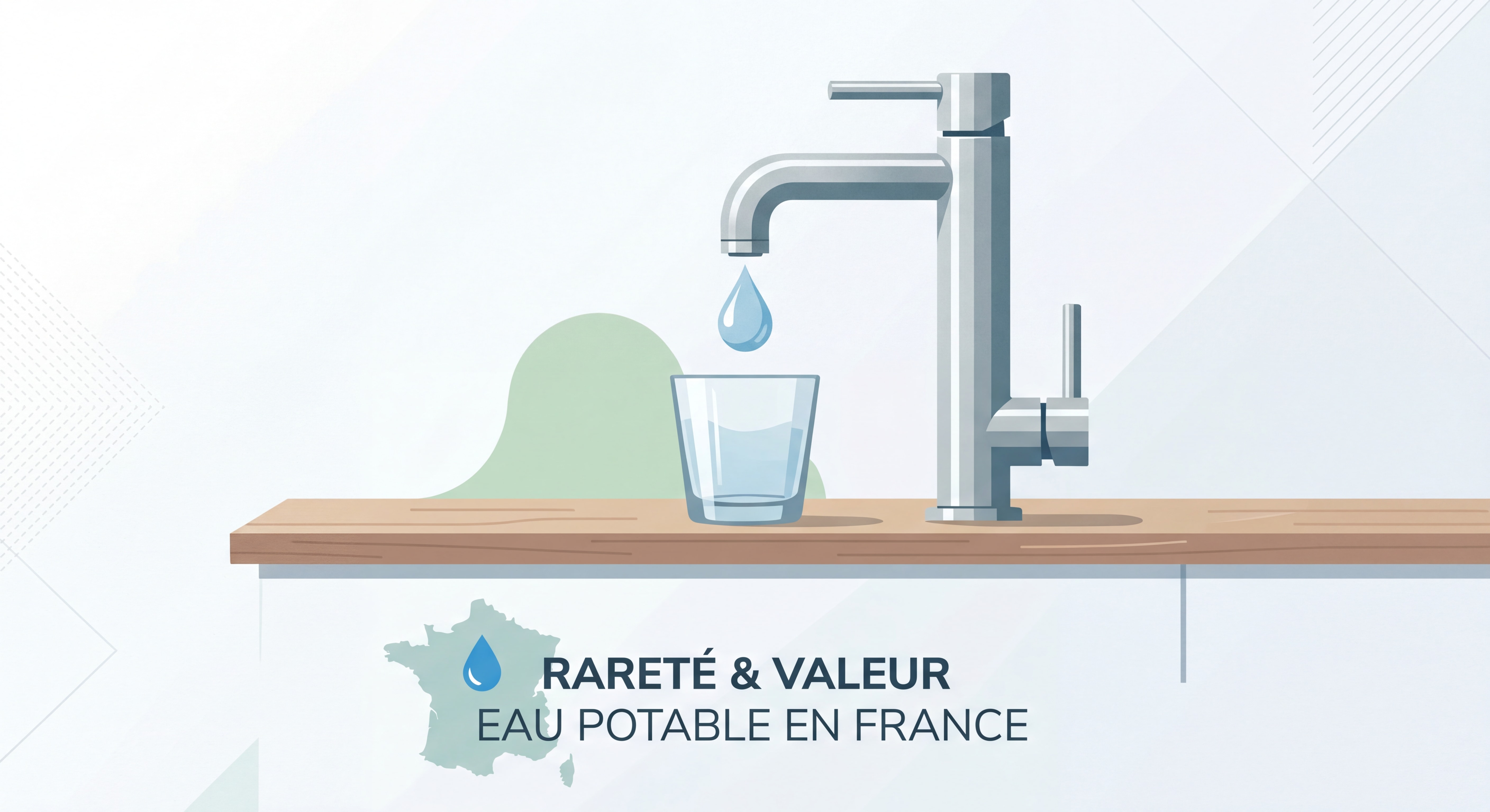 Robinet d'eau potable avec gouttes d'eau tombant dans un verre, illustration de la rareté et de la valeur de l'eau potable en France