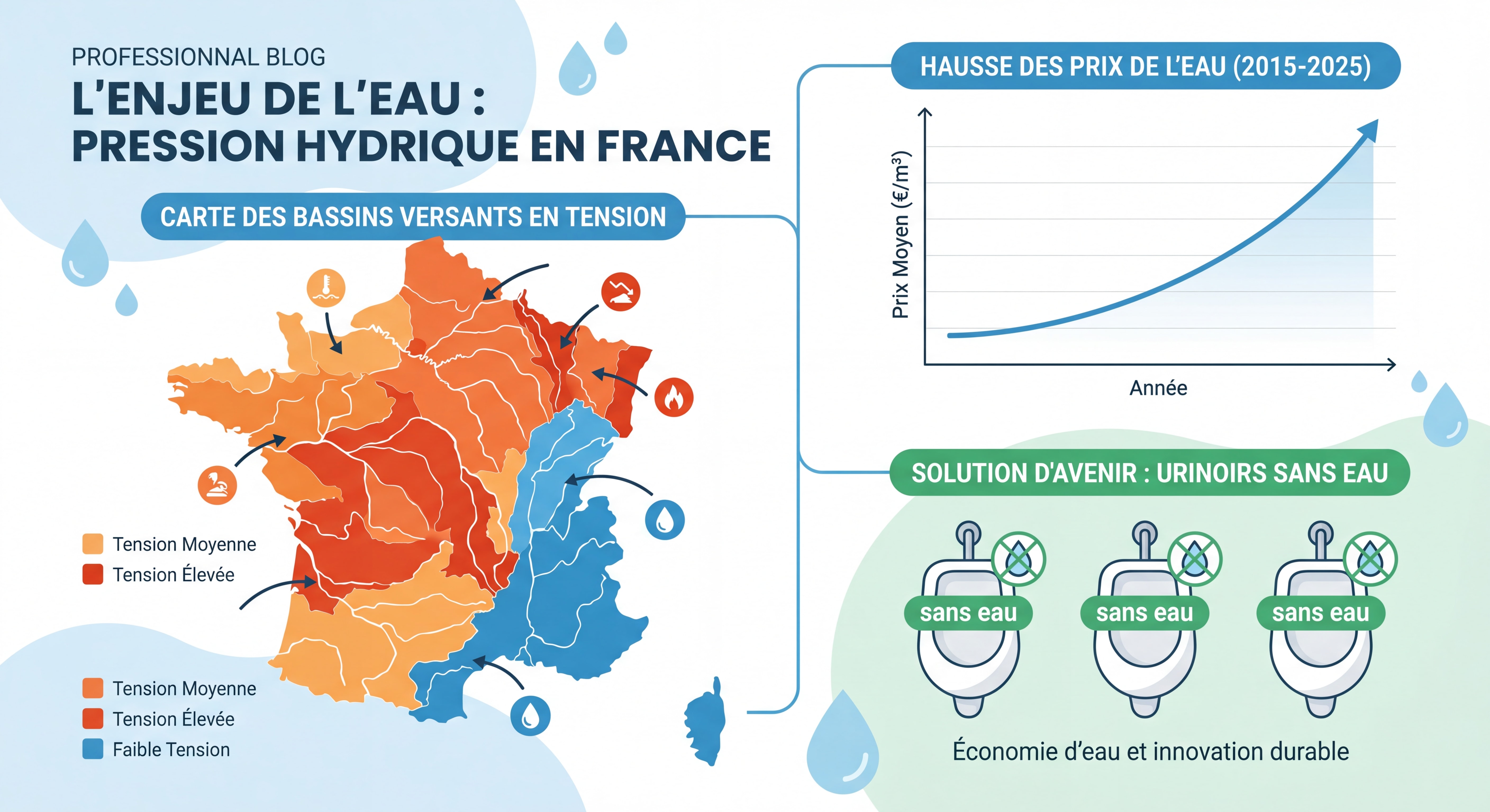 Infographie représentant la pression hydrique en France — carte des bassins versants en tension, graphique de hausse des prix de l'eau et symboles d'urinoirs sans eau comme solution d'avenir
