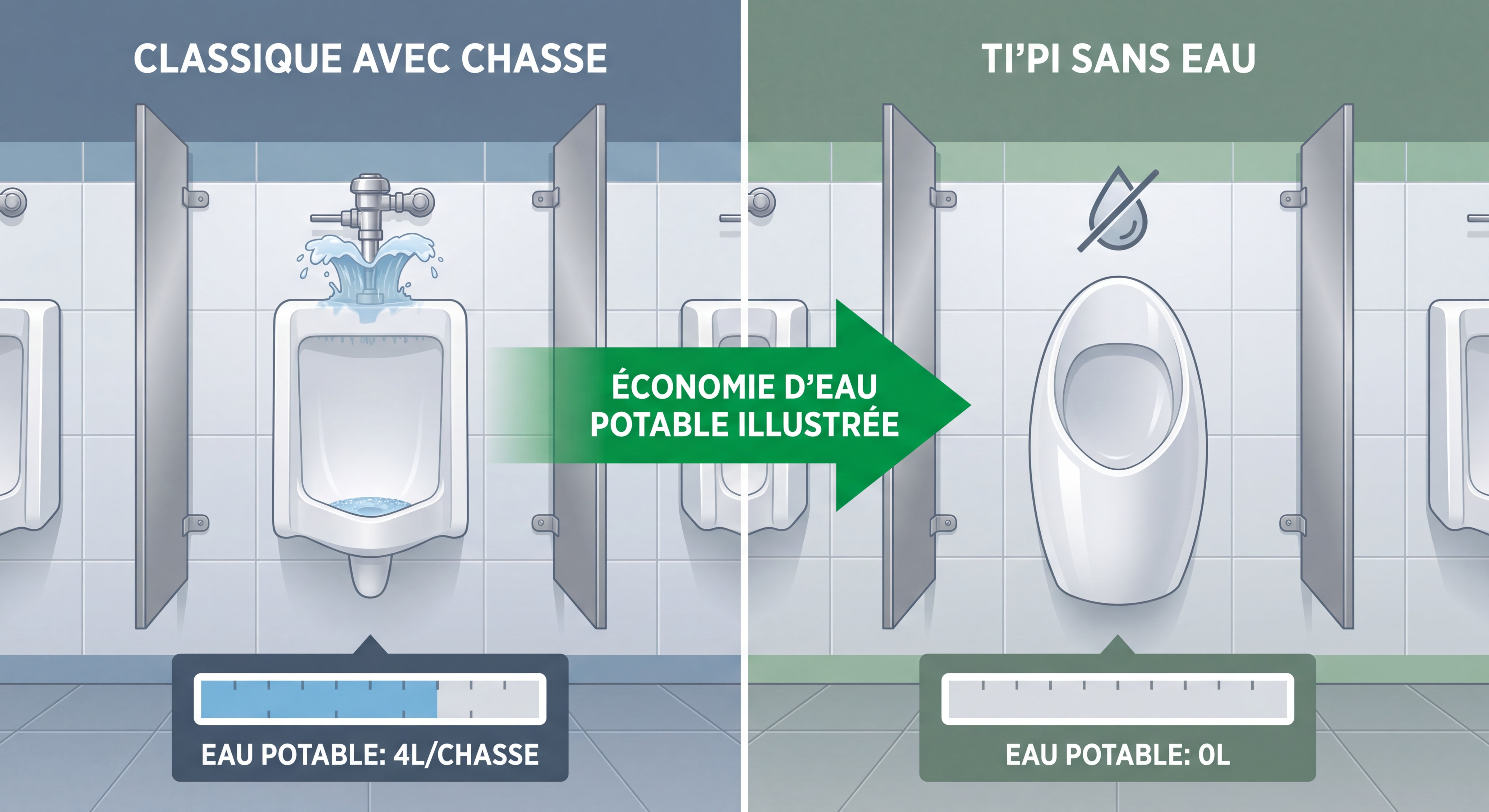 Comparaison entre urinoir classique à chasse d'eau et urinoir sans eau Ti'Pi installé dans des sanitaires publics, illustrant l'économie d'eau potable