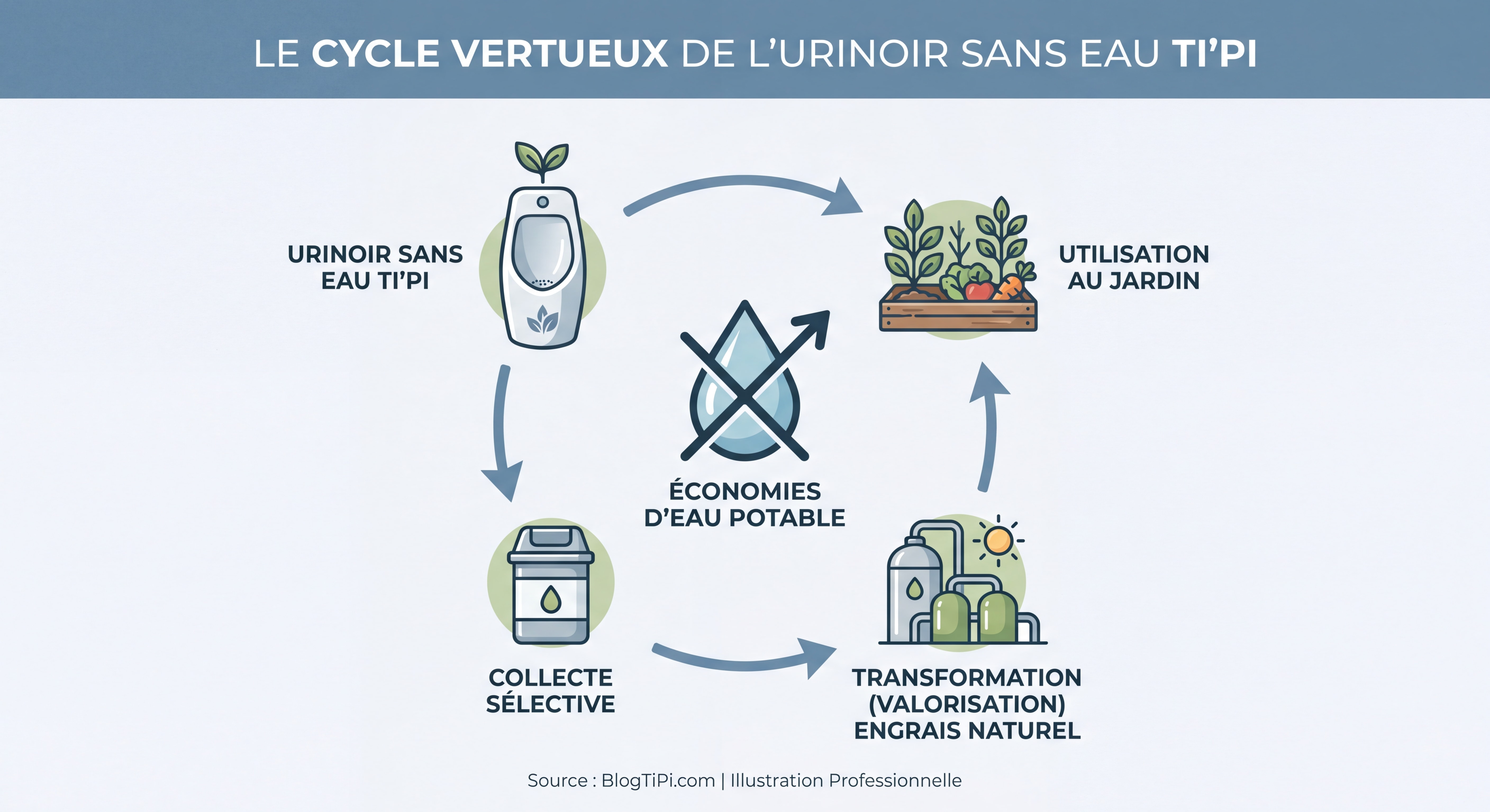 Schéma illustrant le cycle vertueux de l'urinoir sans eau Ti'Pi — de la collecte d'urine à la valorisation en engrais naturel pour le jardin, avec économies d'eau potable à la clé