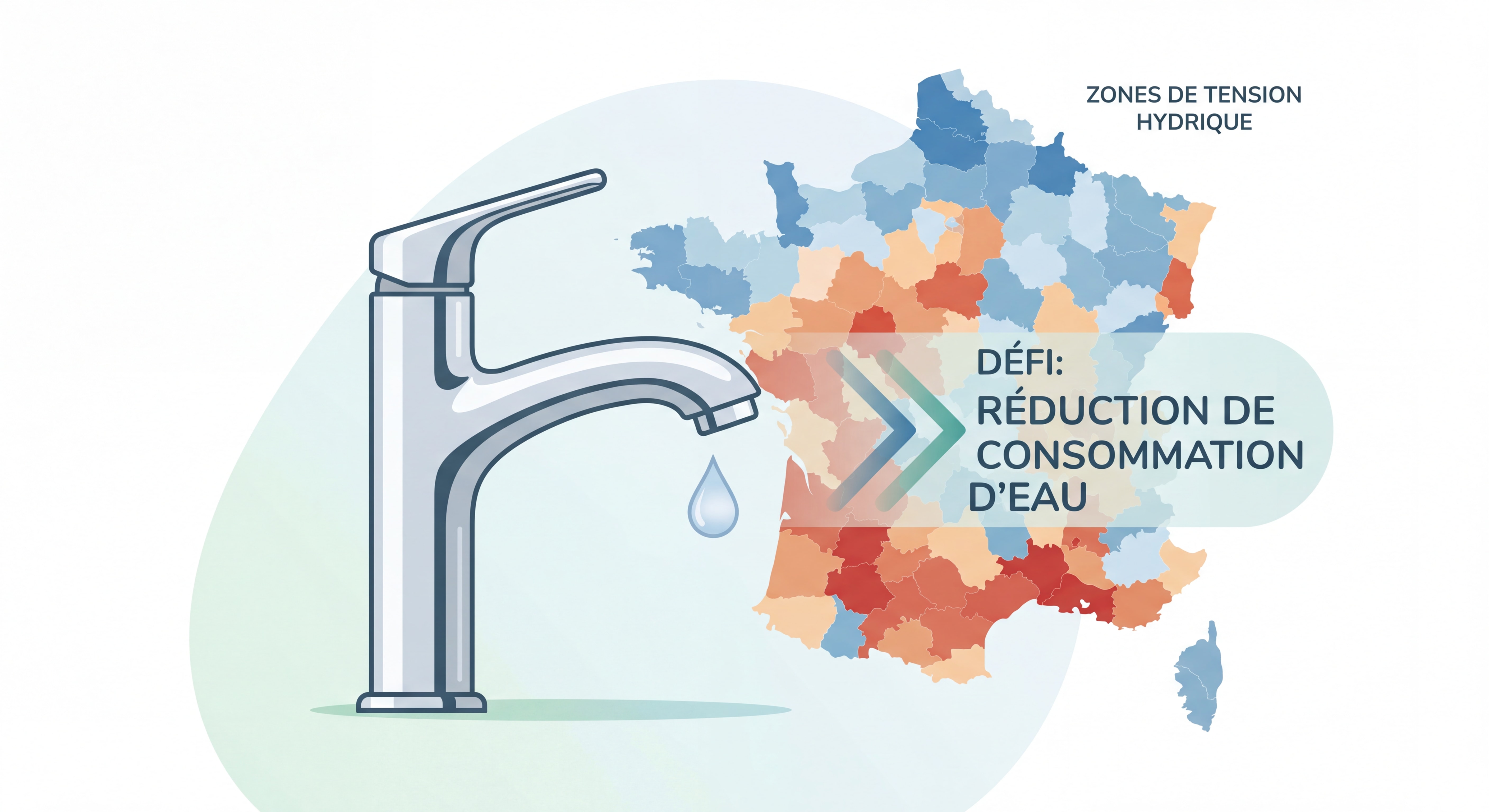 Robinet d'eau potable avec fond de carte de France illustrant les zones de tension hydrique et le défi de la réduction de consommation d'eau
