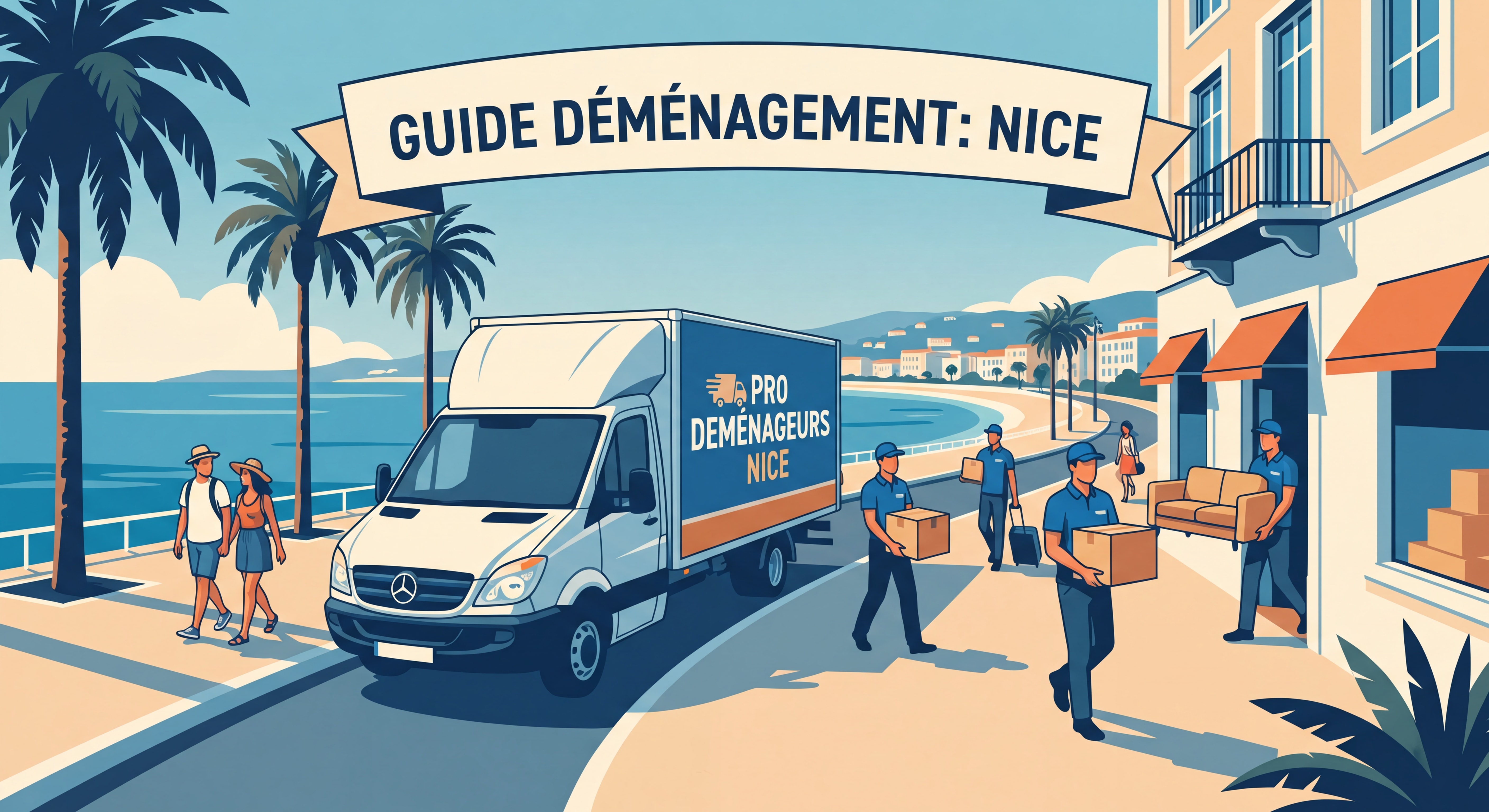 Camion de déménagement professionnel devant la Promenade des Anglais à Nice avec équipe de déménageurs en action
