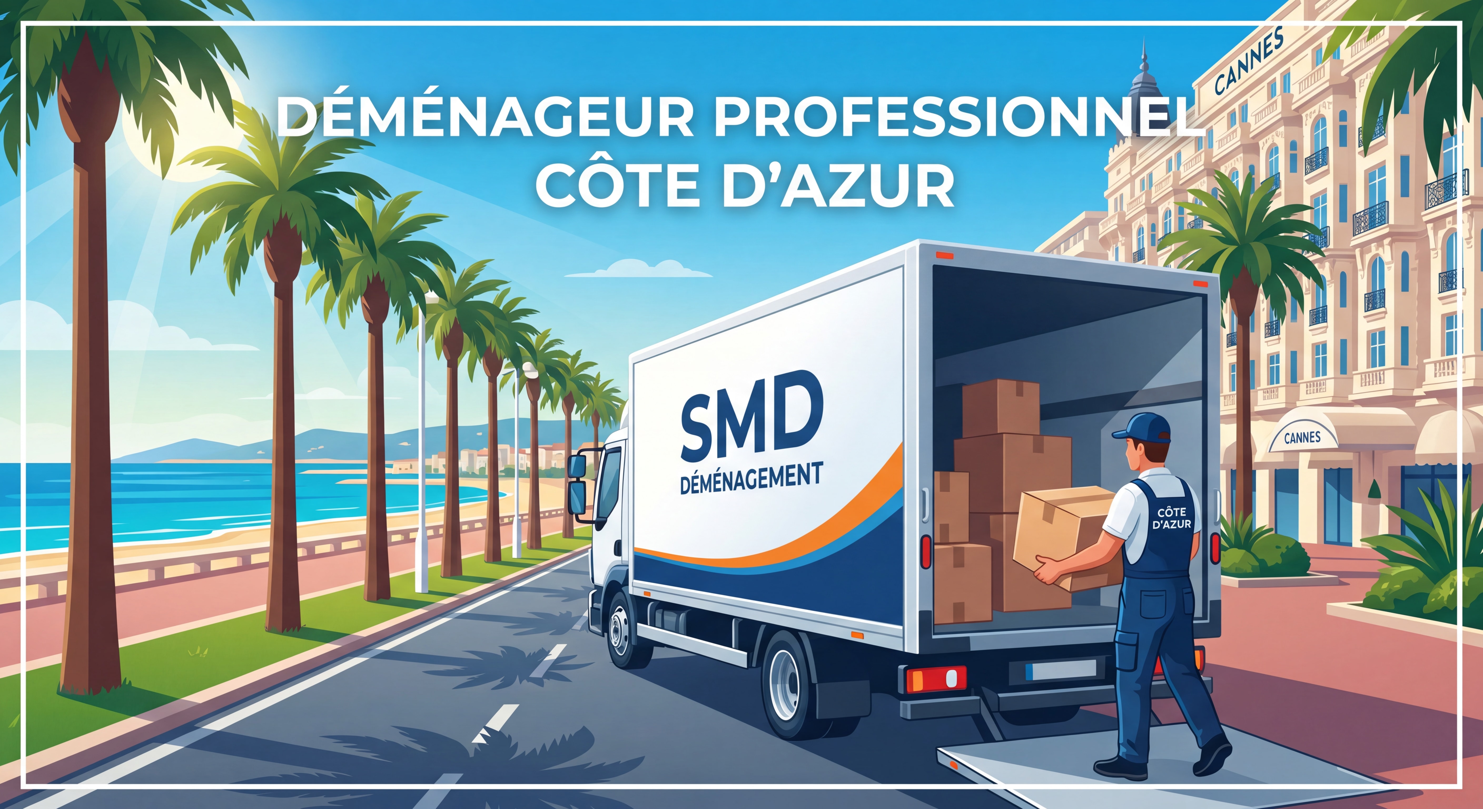 Camion de déménagement SMD devant la Croisette à Cannes, déménageur professionnel Côte d'Azur