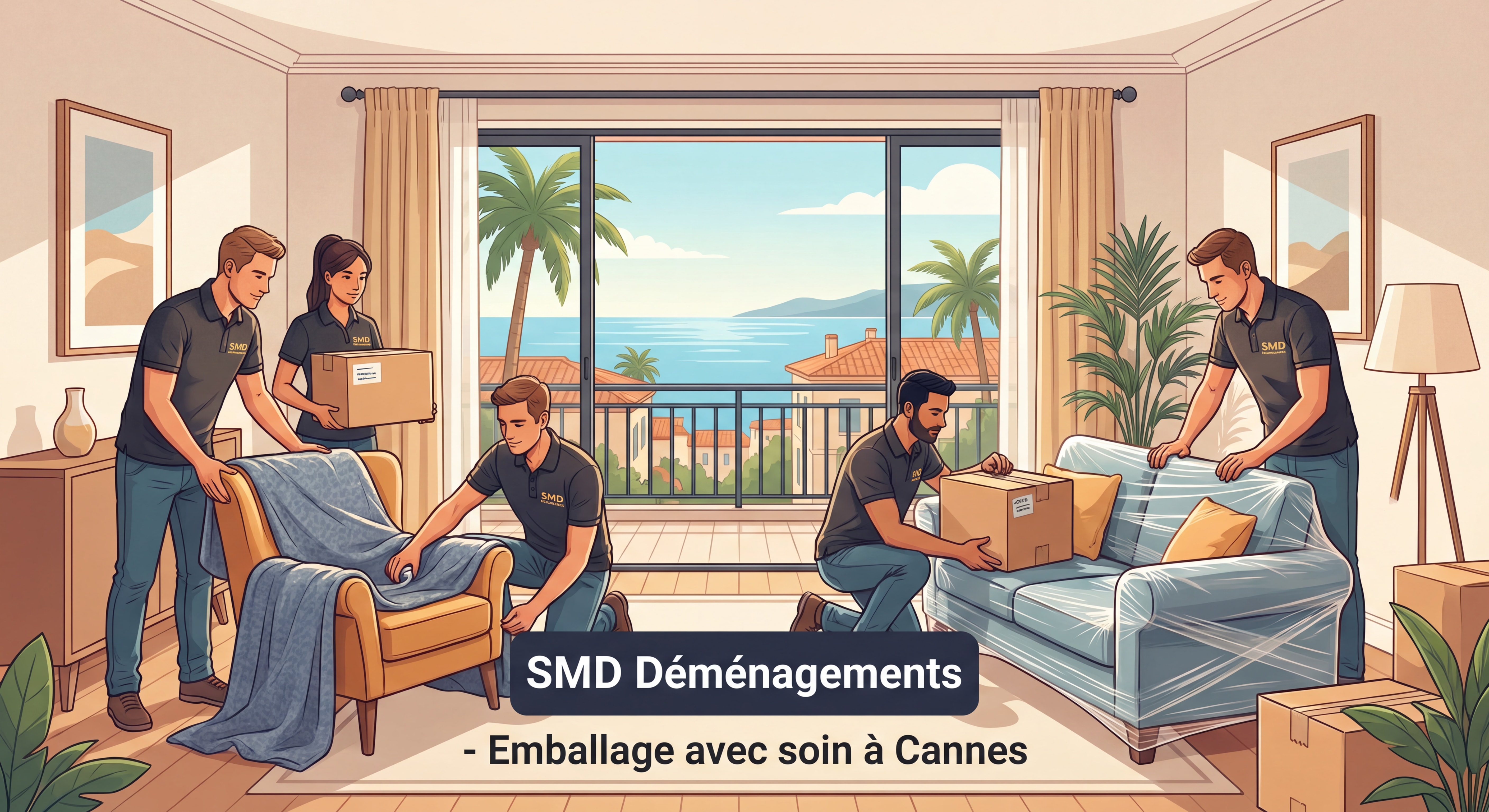 Équipe de déménageurs professionnels SMD emballant des meubles avec soin dans un appartement cannois