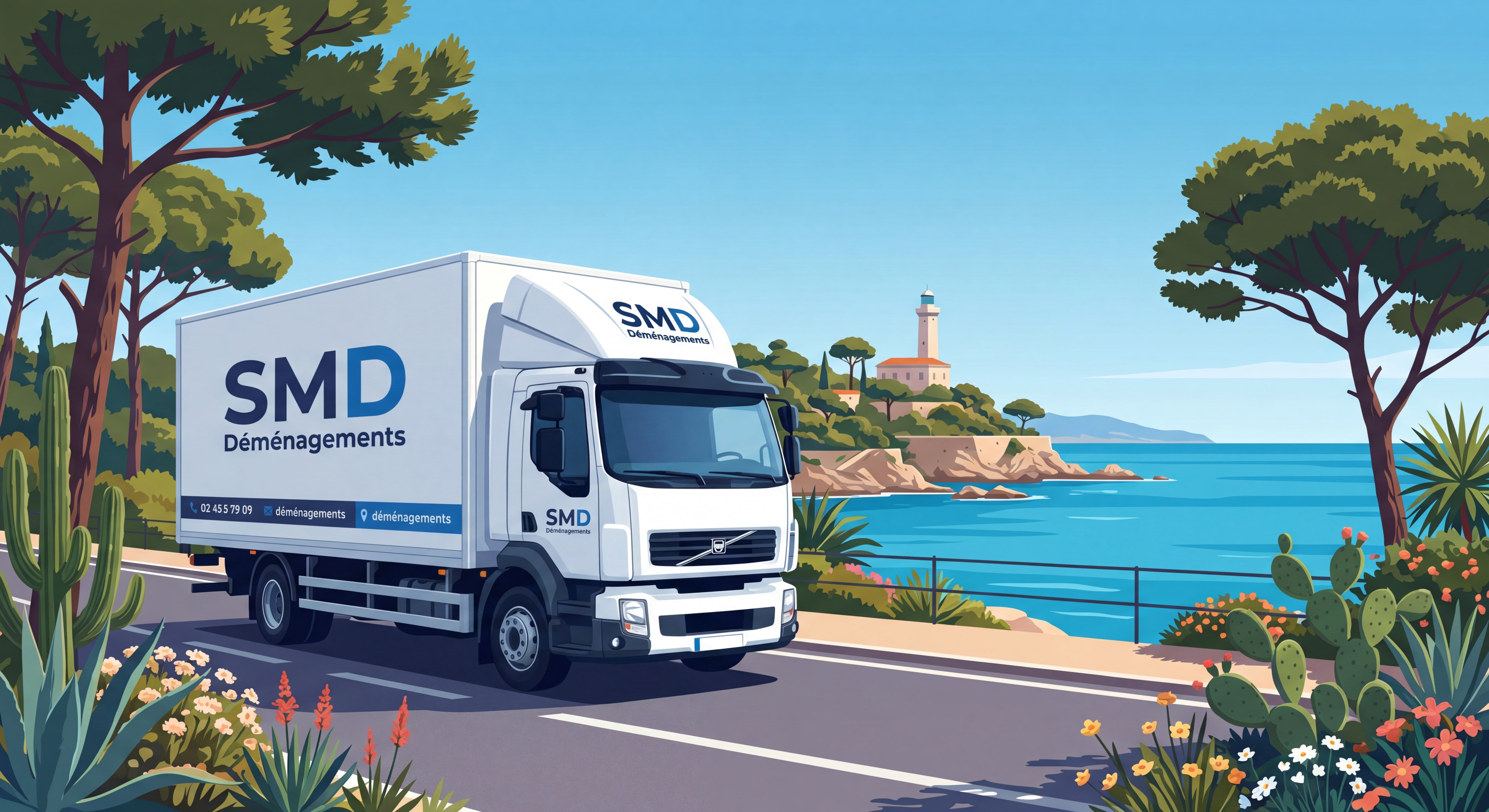 Camion SMD Déménagements devant le Cap d'Antibes avec la mer Méditerranée en arrière-plan, ciel bleu et végétation luxuriante