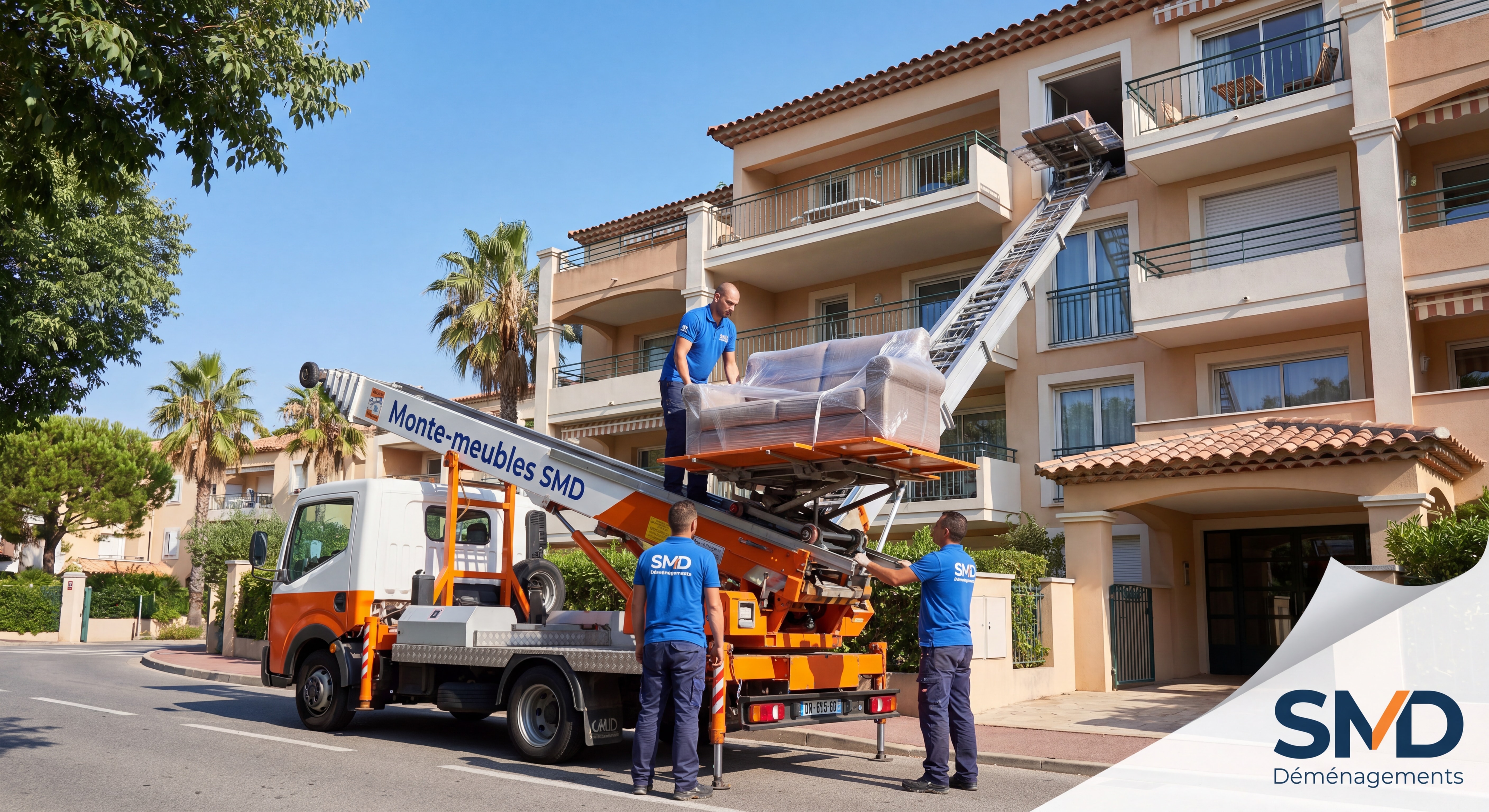 Monte-meubles SMD en action devant un immeuble résidentiel d'Antibes, déménageurs professionnels en tenue SMD montant des meubles par l'extérieur du bâtiment