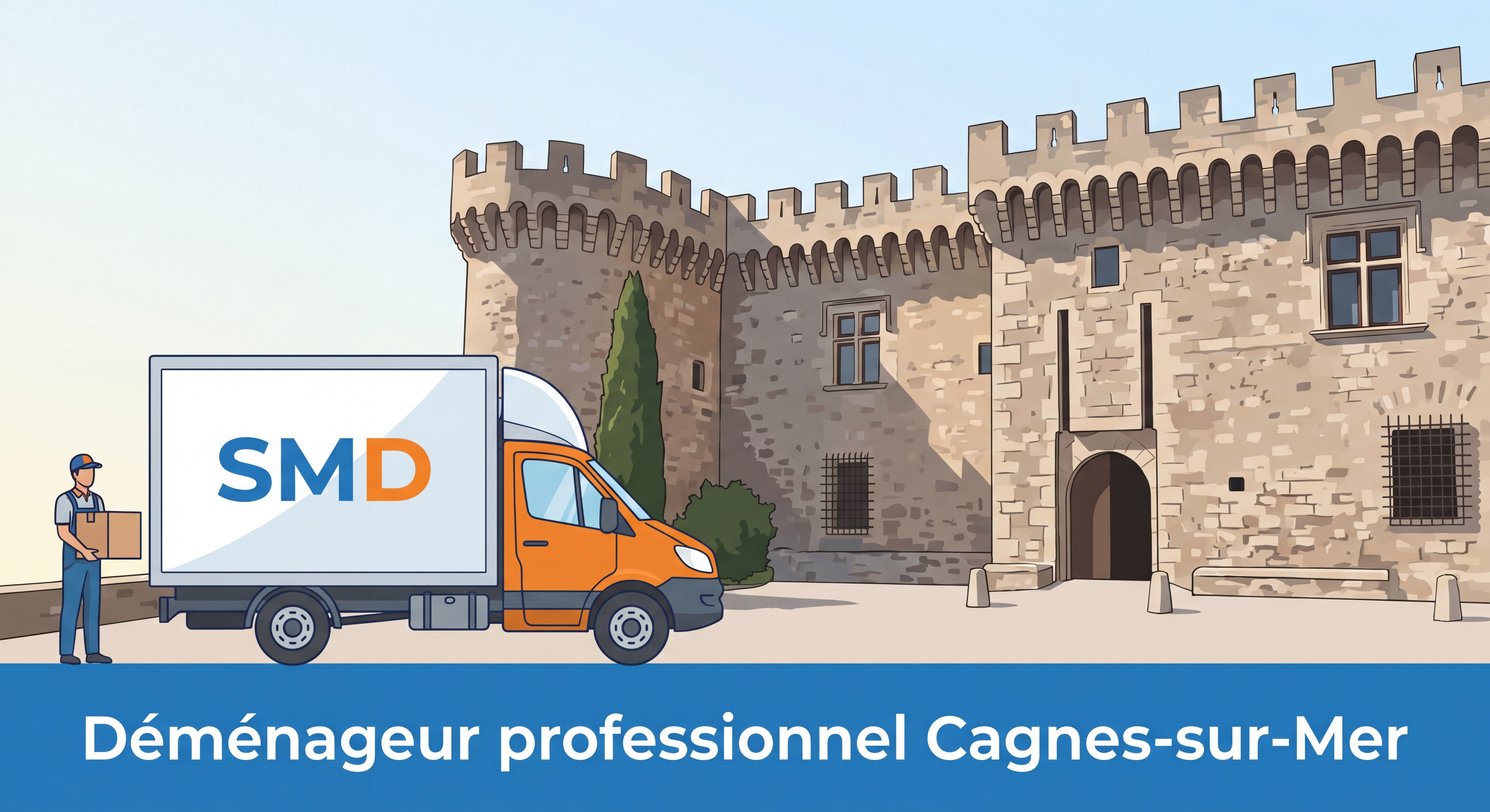 Camion SMD devant le Château-Musée Grimaldi de Haut-de-Cagnes, déménageur professionnel Cagnes-sur-Mer