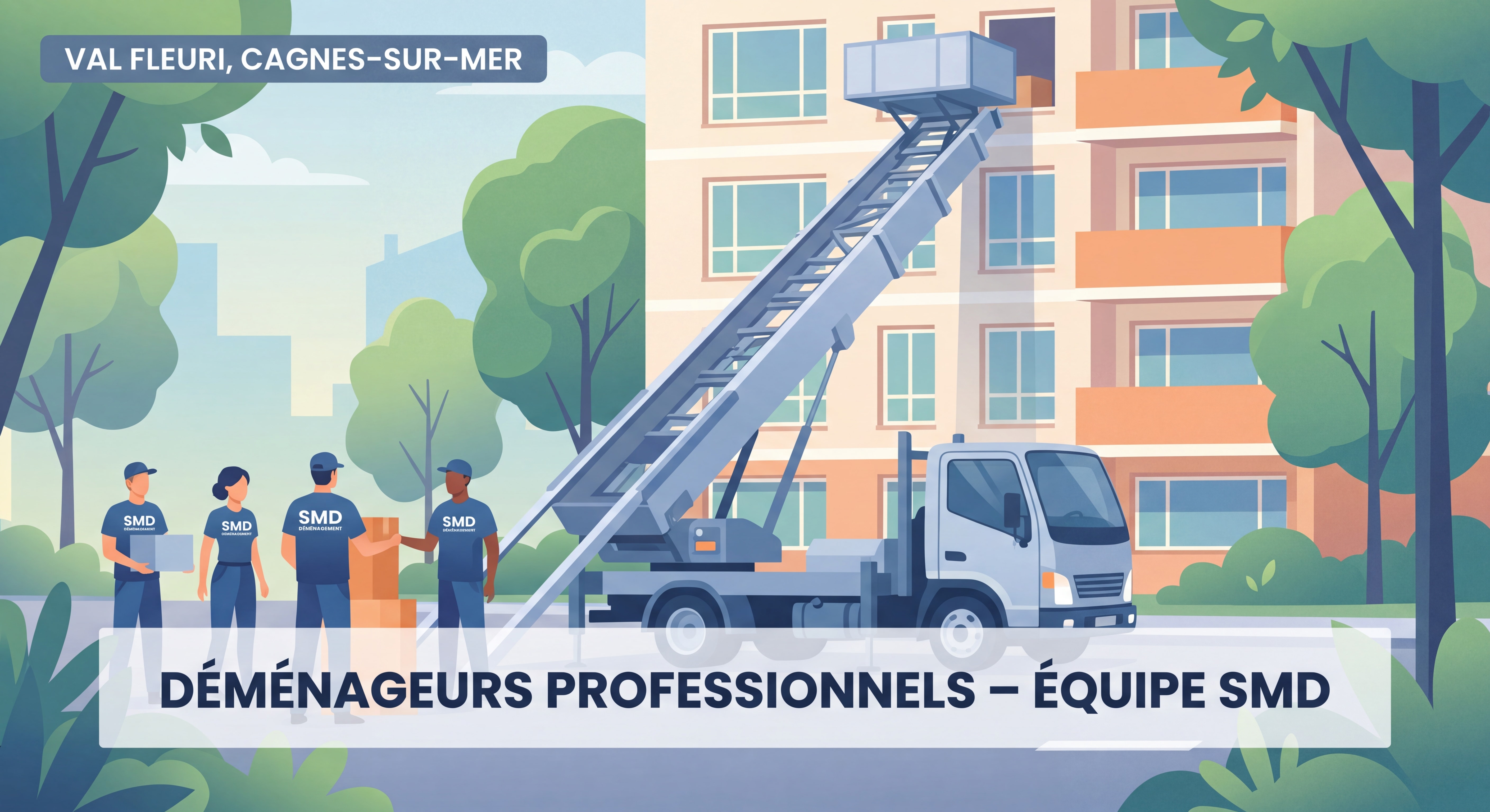 Équipe SMD avec monte-meubles devant un immeuble du Val Fleuri, déménageurs professionnels Cagnes-sur-Mer