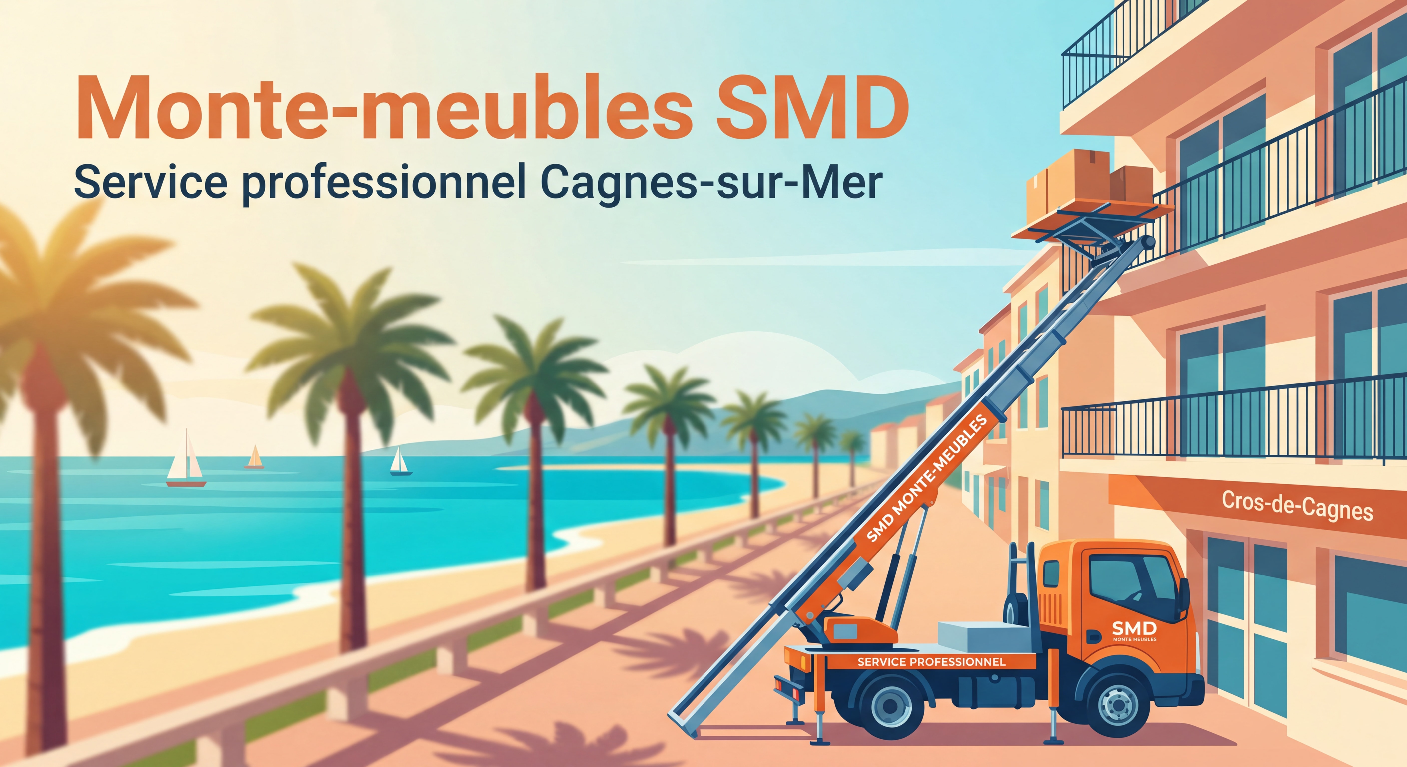 Monte-meubles SMD en action à Cros-de-Cagnes avec la mer en fond, service monte-meubles professionnel Cagnes-sur-Mer