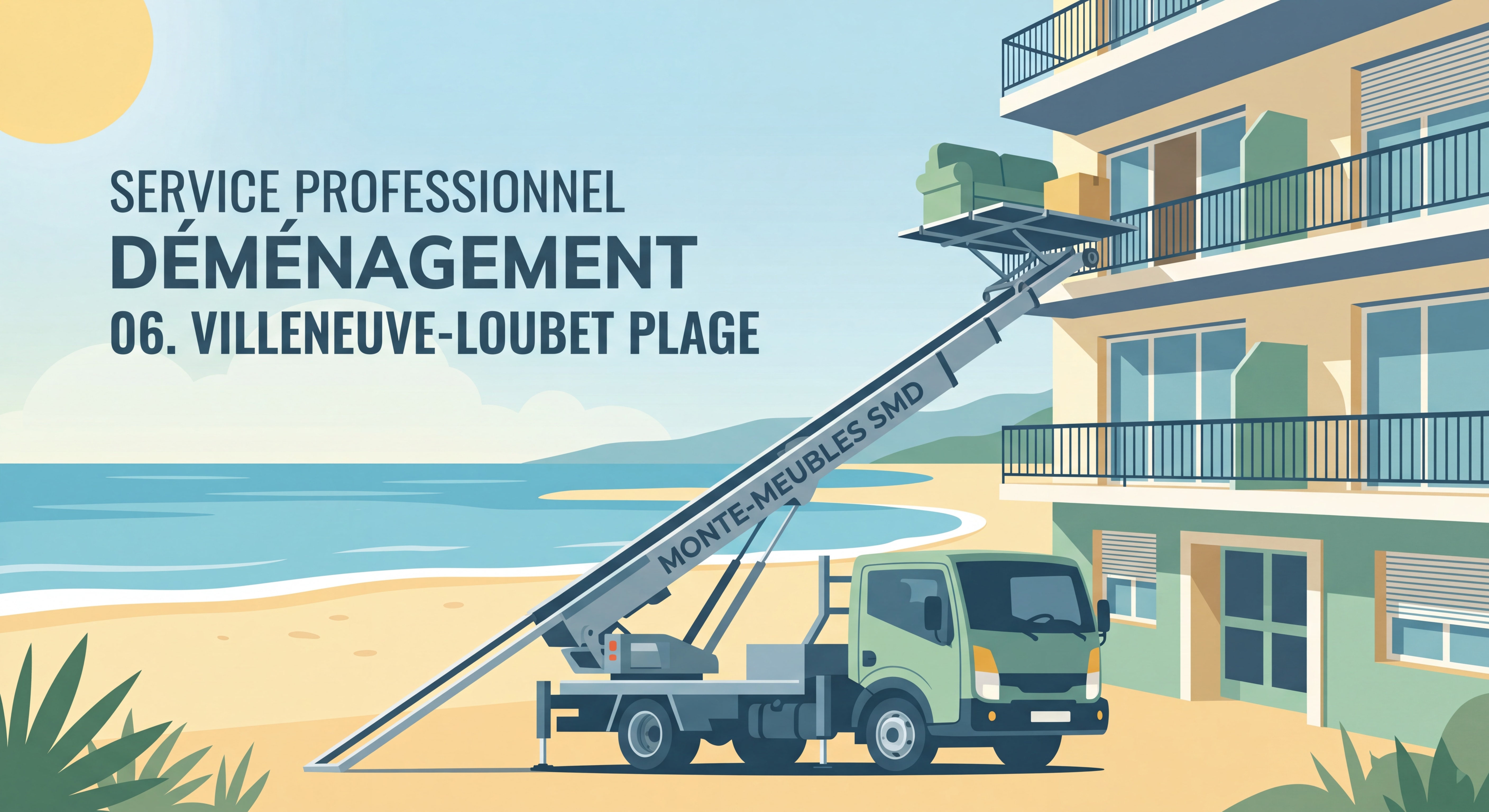 Monte-meubles SMD en action devant un immeuble de Villeneuve-Loubet Plage, service professionnel déménagement 06