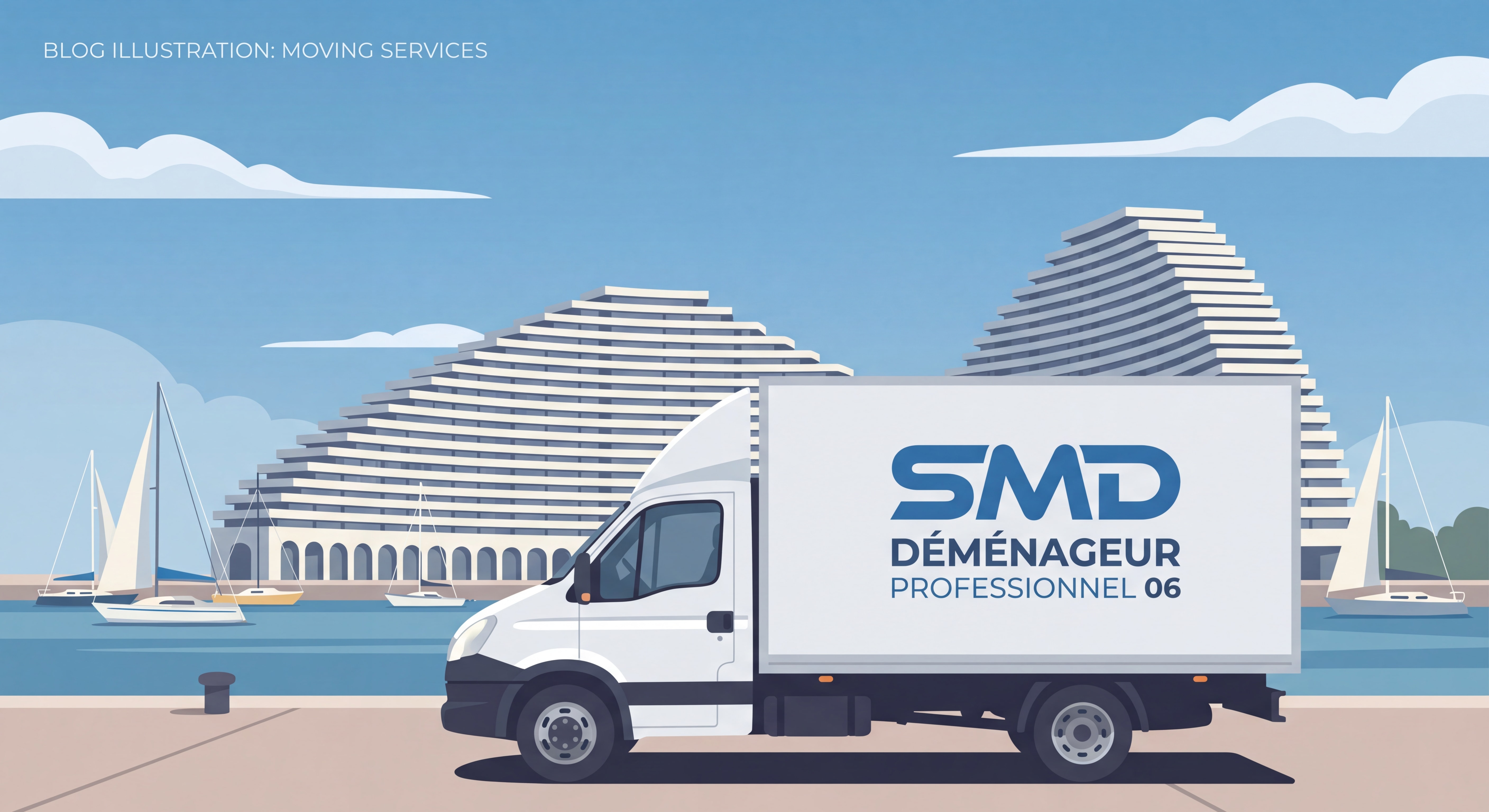 Camion SMD devant la Marina Baie des Anges à Villeneuve-Loubet, déménageur professionnel 06