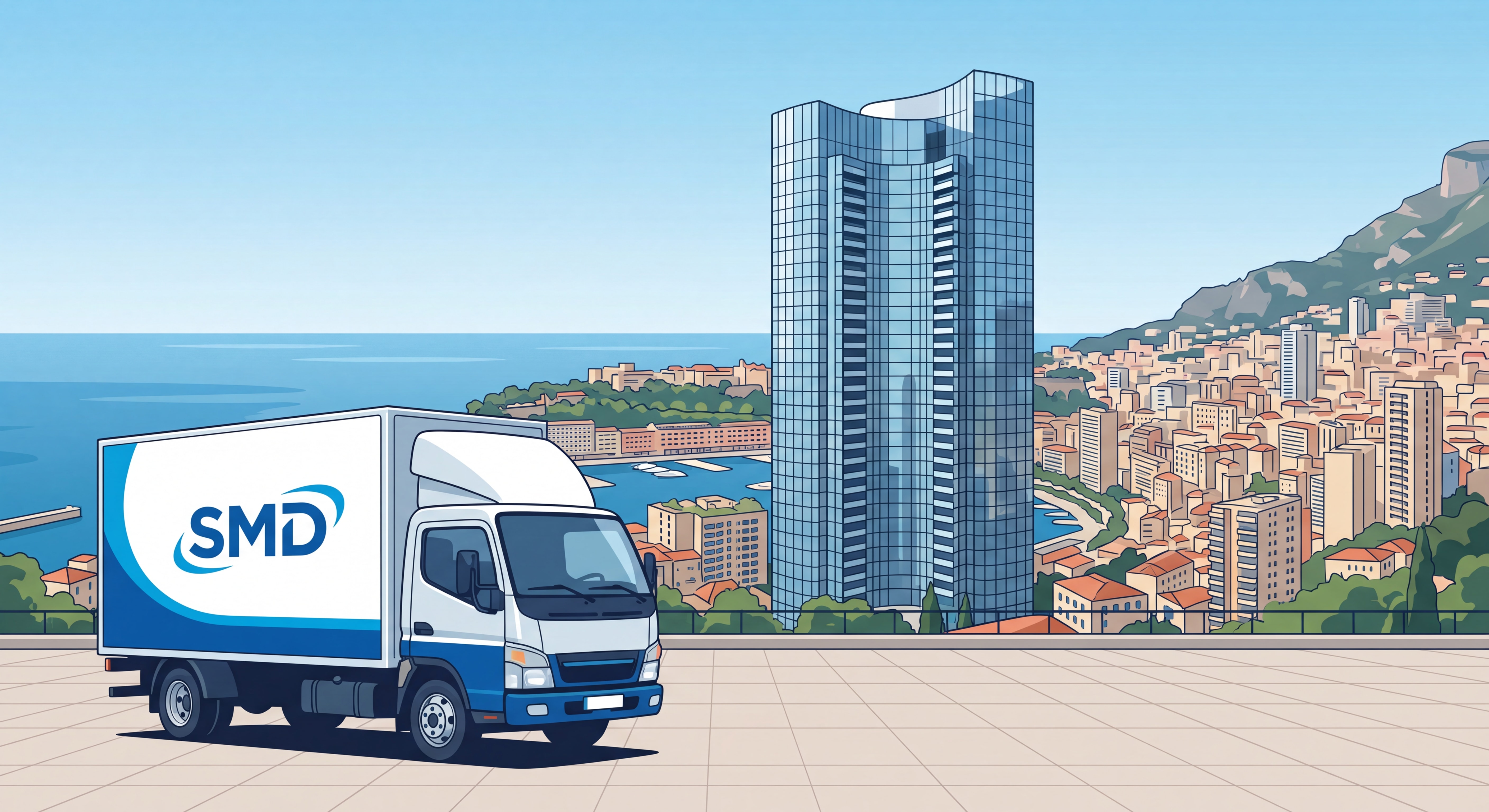 Camion SMD garé devant la Tour Odéon de Monaco, vue panoramique sur la Principauté et la Méditerranée