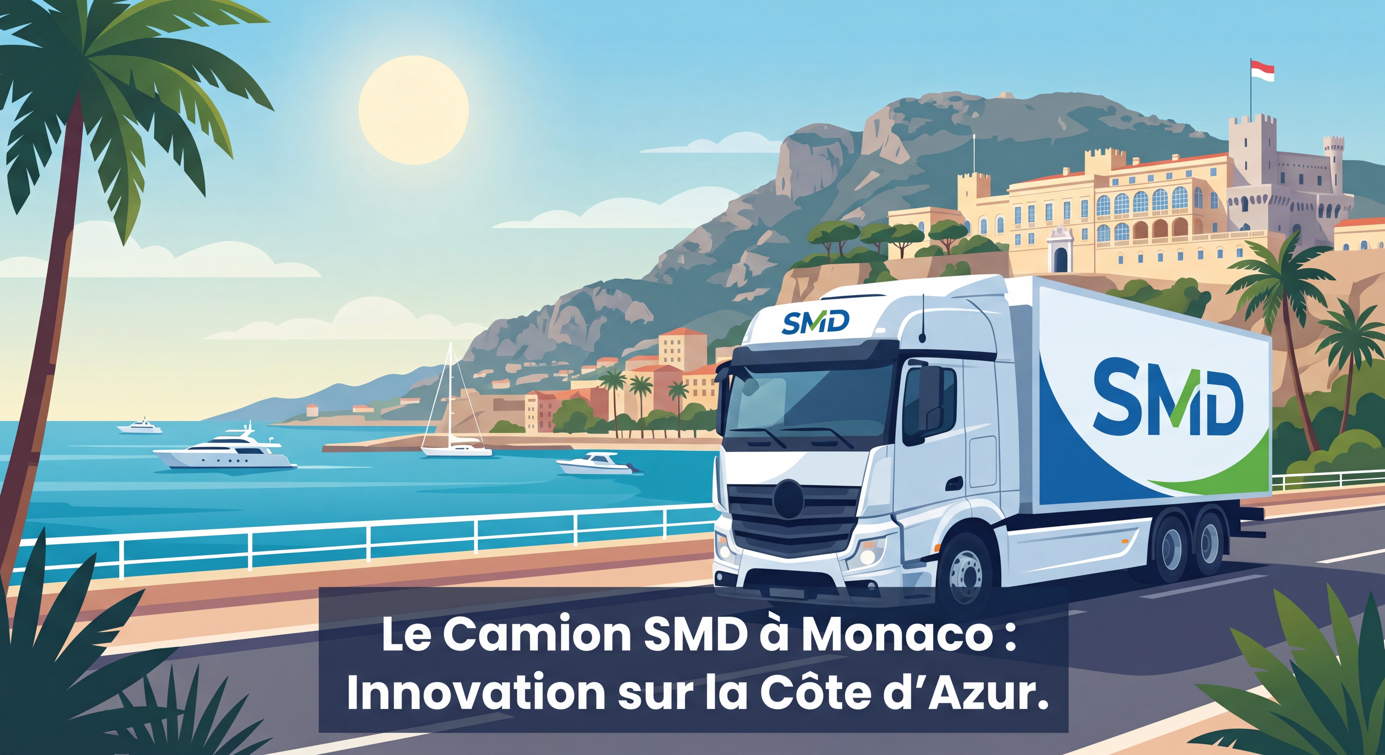 Camion SMD stationné devant le Rocher de Monaco avec le Palais Princier en arrière-plan, journée ensoleillée sur la Méditerranée