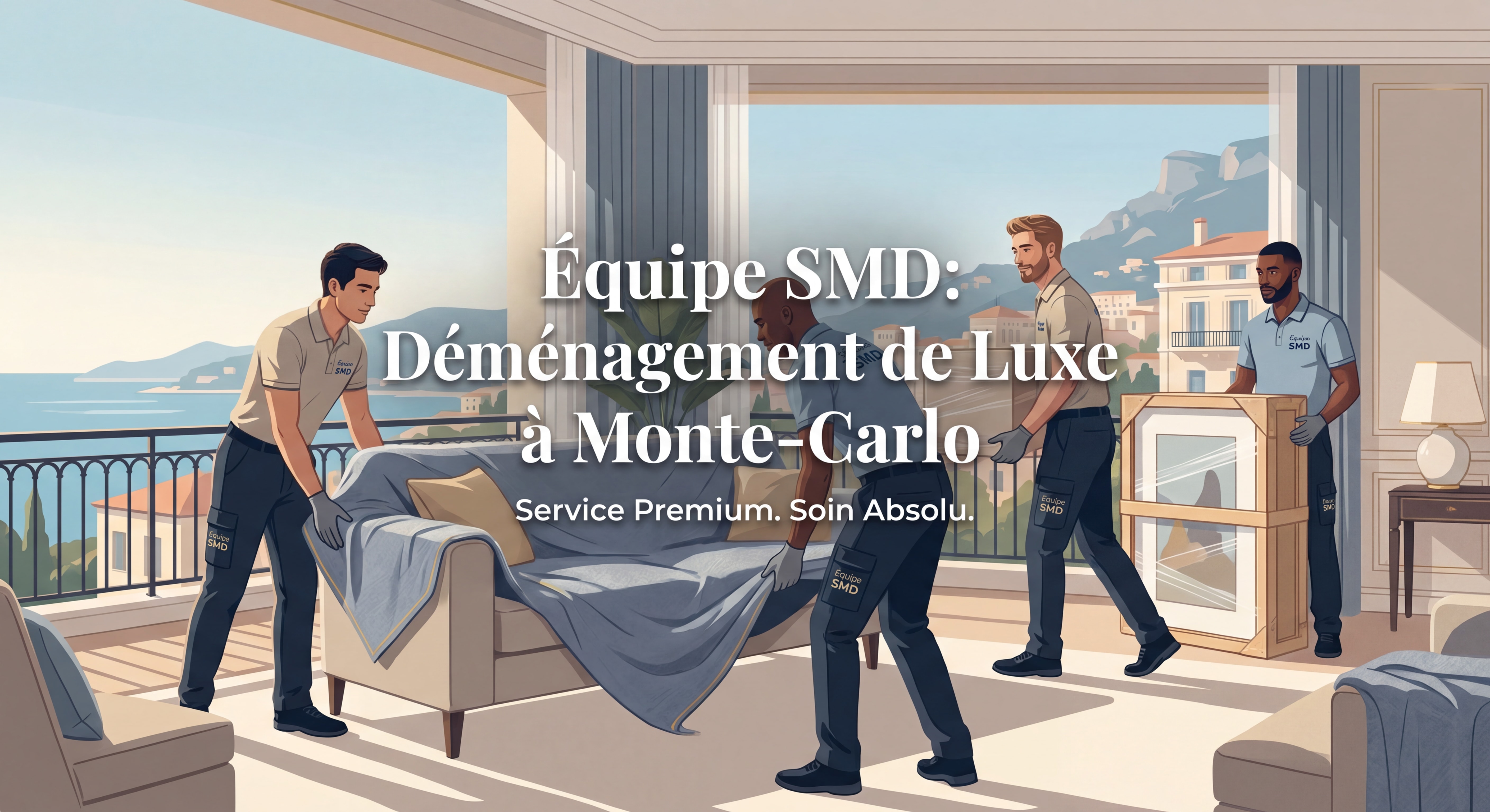 Équipe SMD en tenue professionnelle déménageant un appartement de luxe à Monte-Carlo, mobilier haut de gamme soigneusement emballé