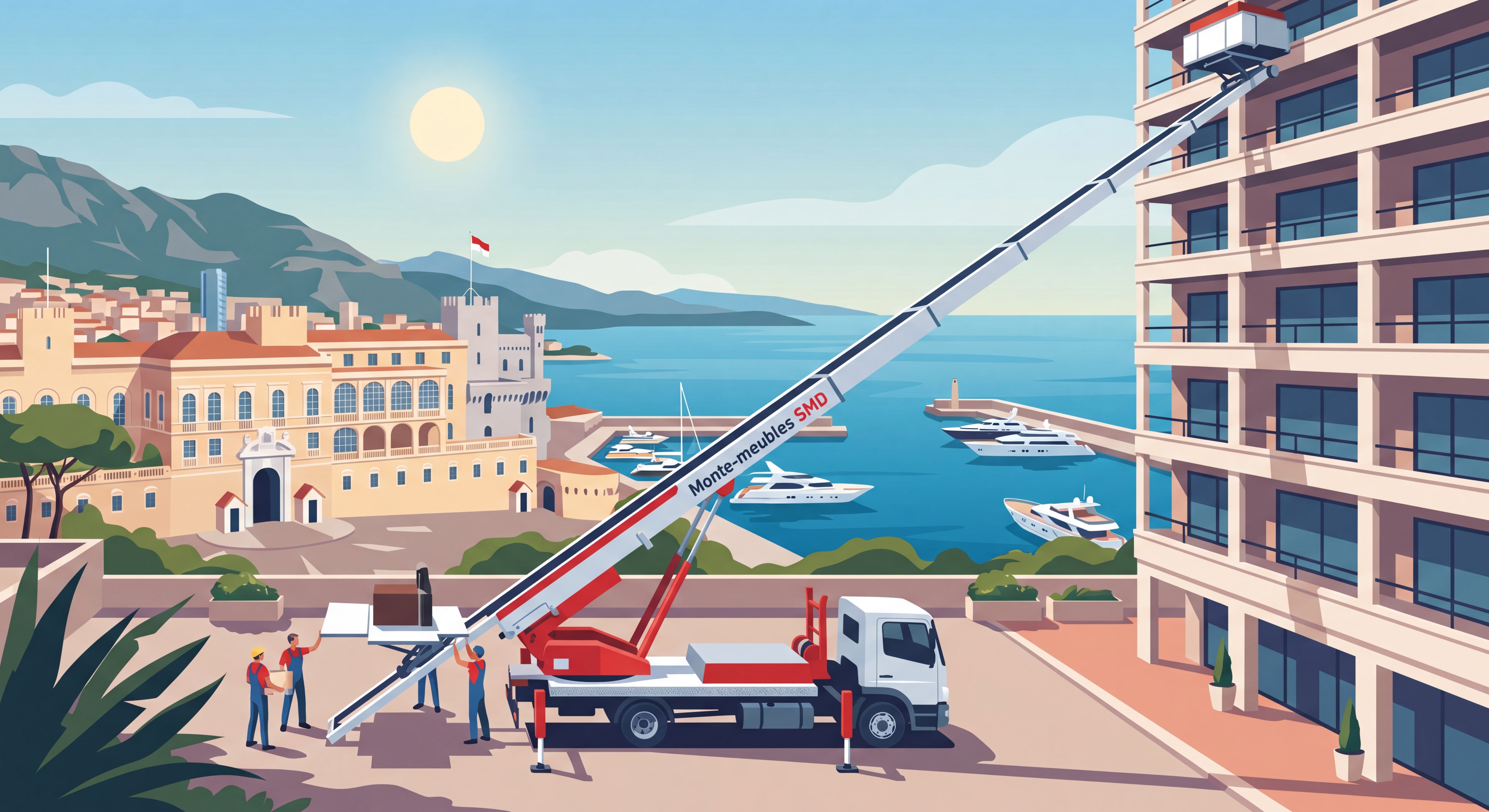 Monte-meubles SMD déployé au 9ème étage d'un immeuble de prestige à Monaco, avec la Principauté et la mer Méditerranée en arrière-plan