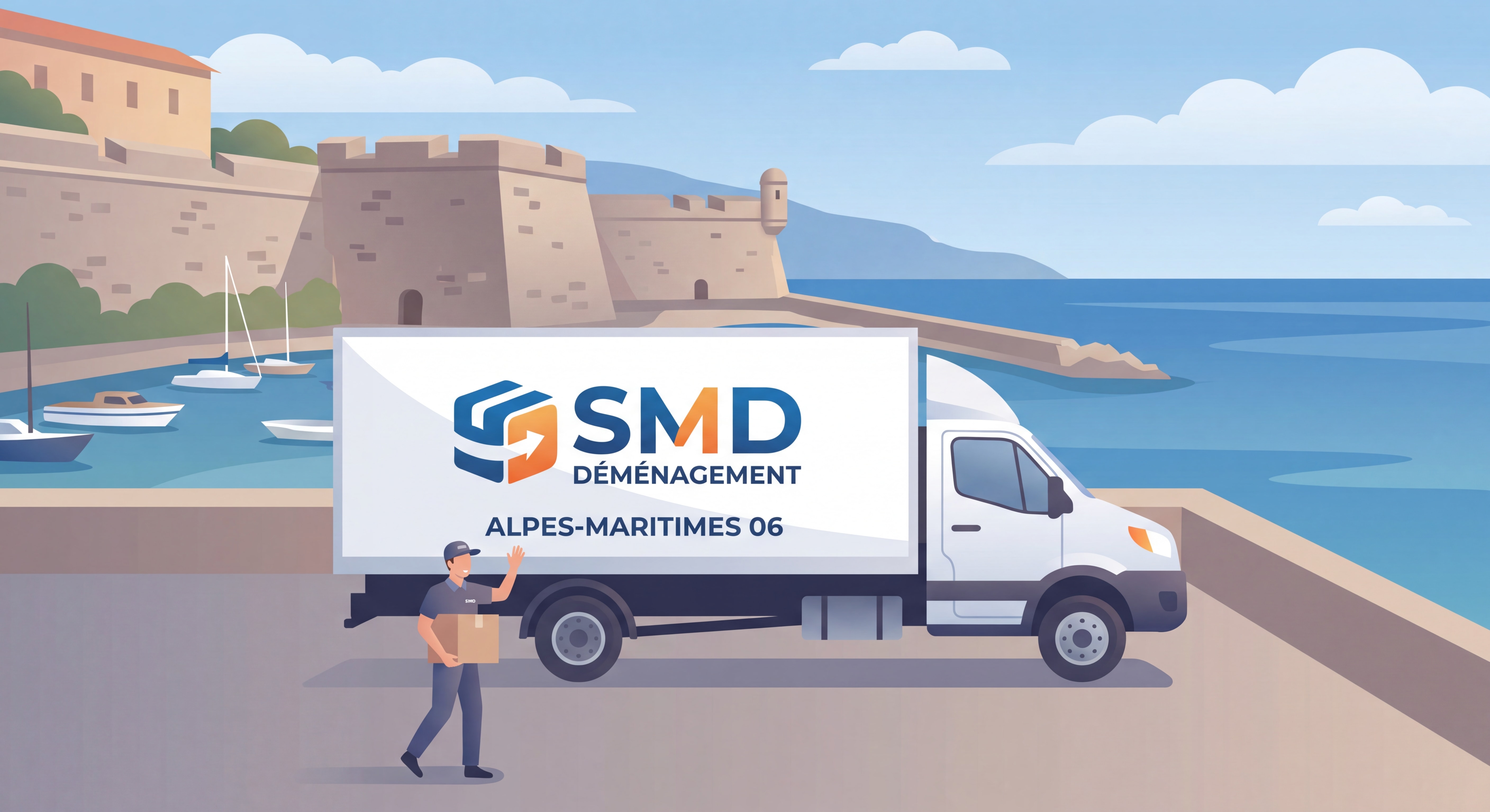 Camion SMD Déménagement devant la Citadelle de Villefranche-sur-Mer avec la rade et la mer Méditerranée en arrière-plan, déménageur professionnel Alpes-Maritimes 06