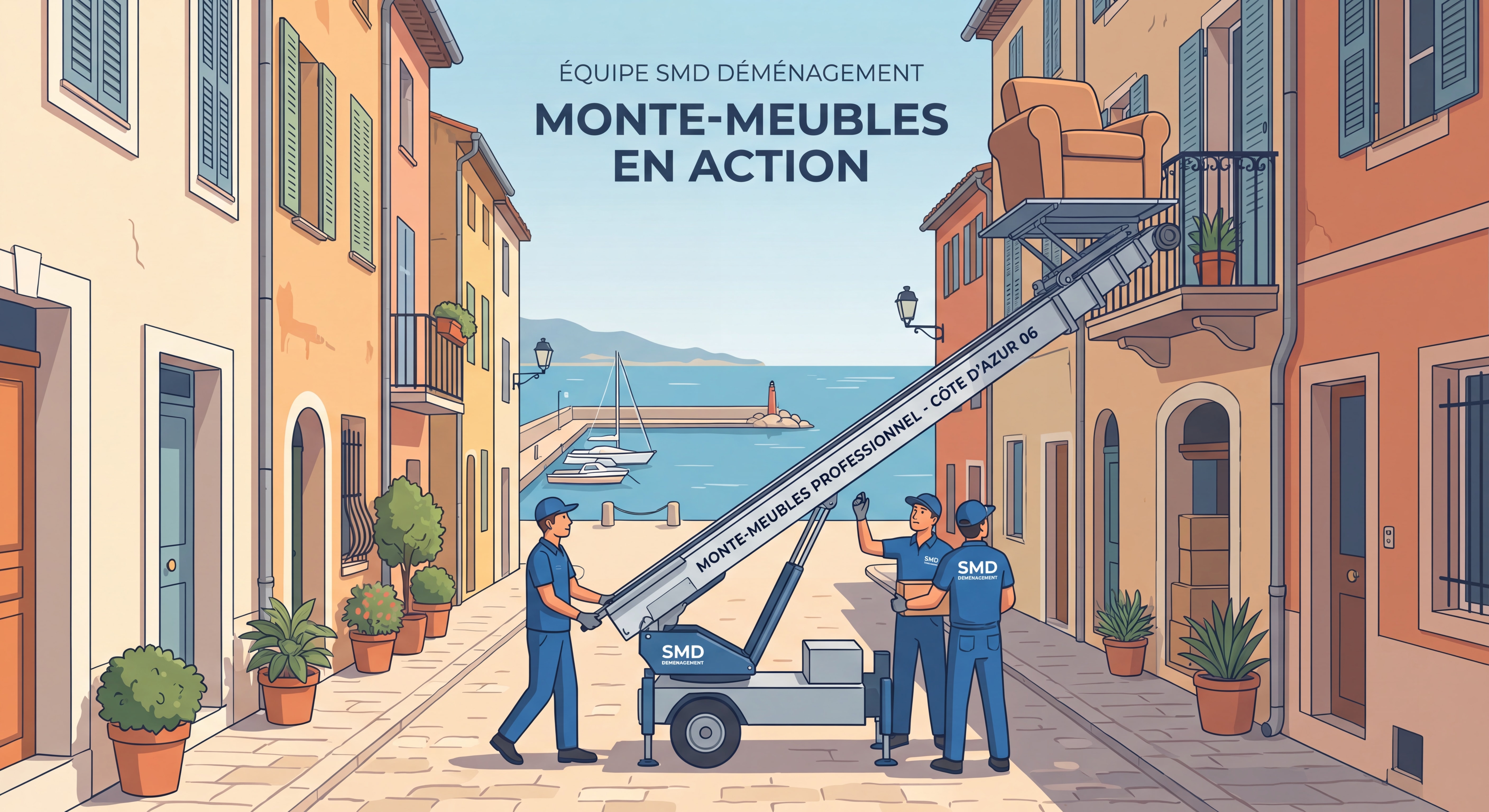 Équipe SMD Déménagement avec monte-meubles en action dans une ruelle étroite du Vieux-Port de Villefranche-sur-Mer, monte meubles professionnel Côte d'Azur 06