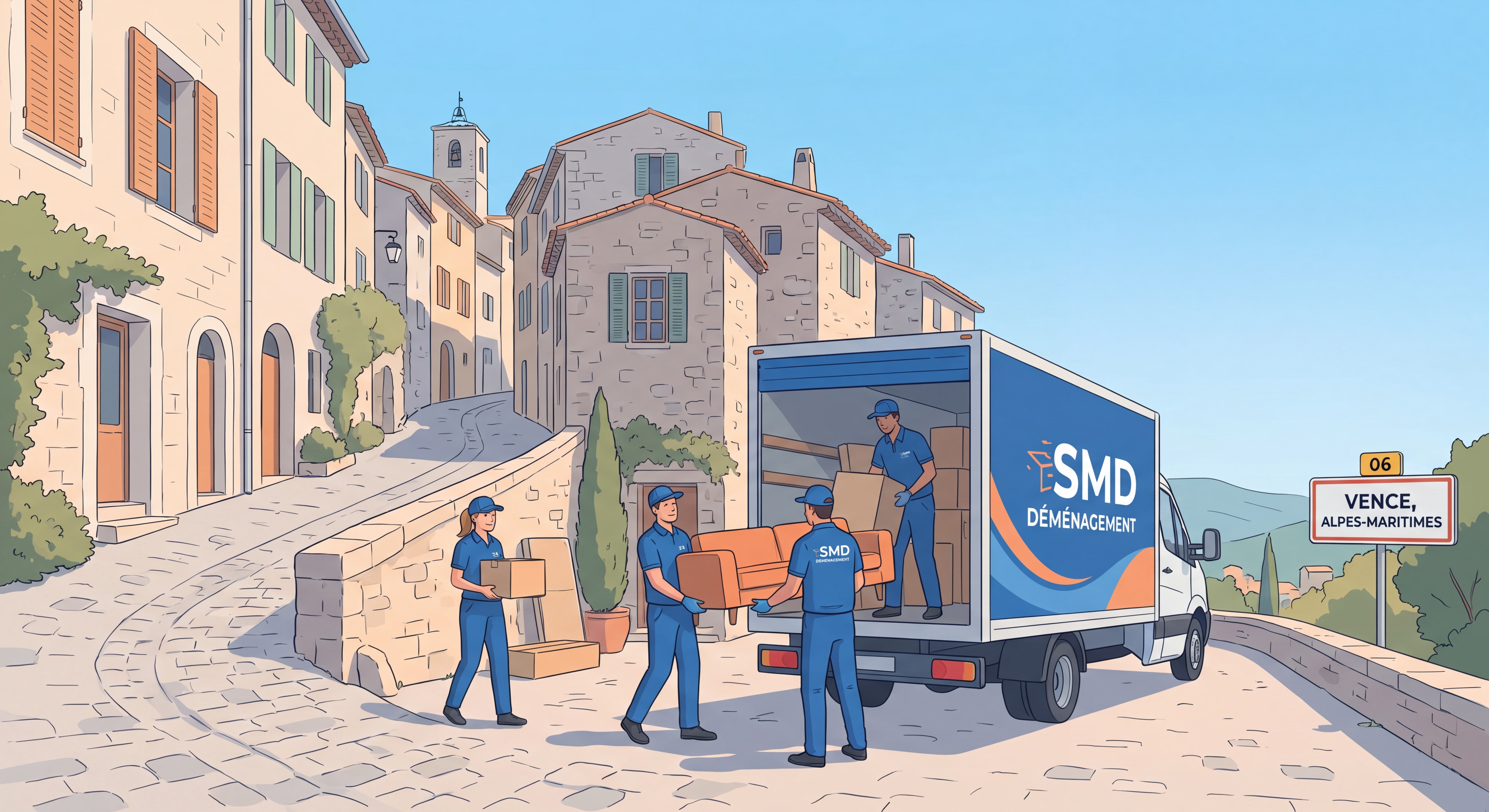 Équipe SMD avec camion dans un village perché des alentours de Vence, déménageur professionnel villages perchés Alpes-Maritimes 06