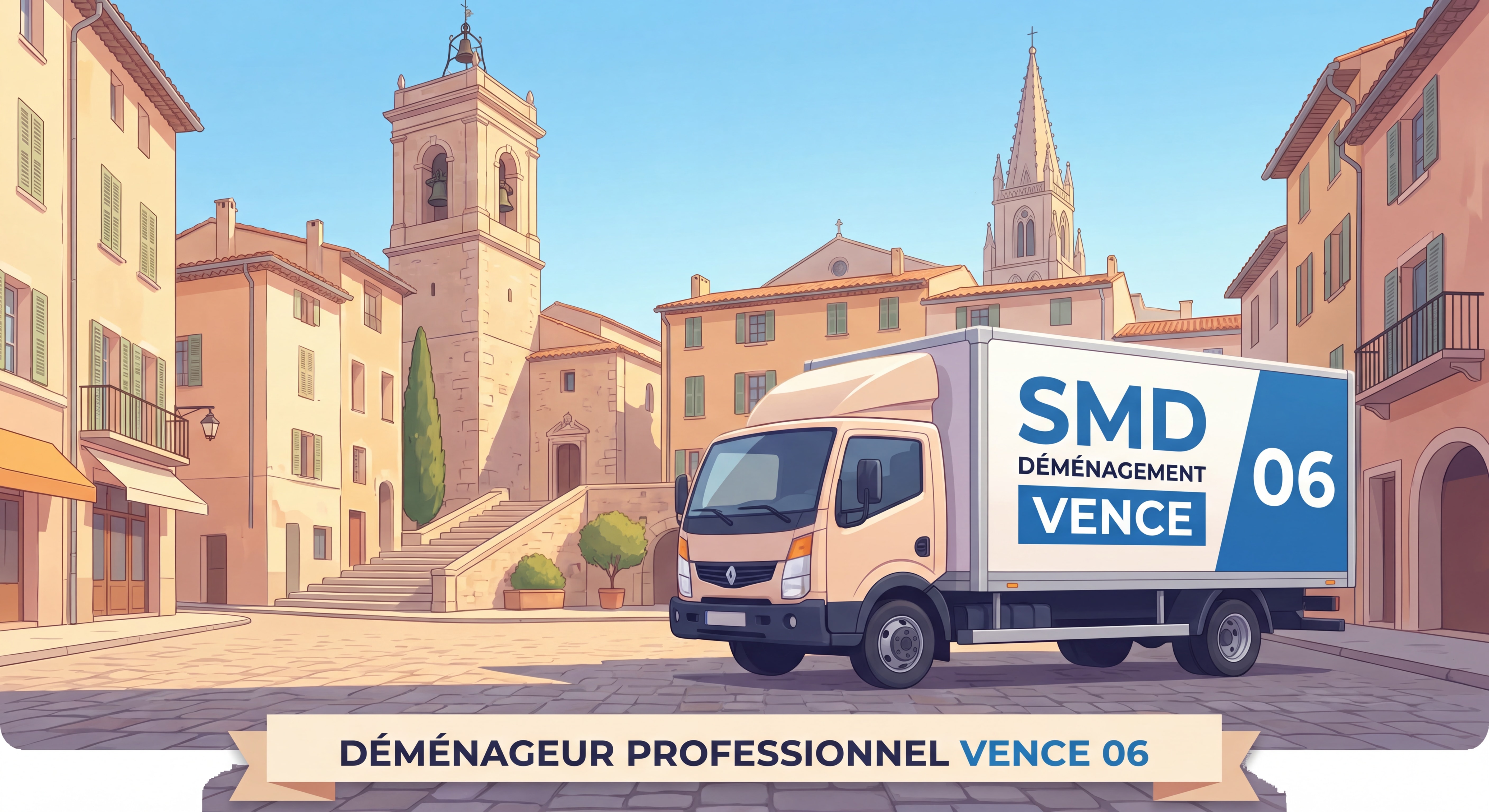 Camion SMD devant la Vieille Ville de Vence avec la cathédrale en arrière-plan, déménageur professionnel Vence 06