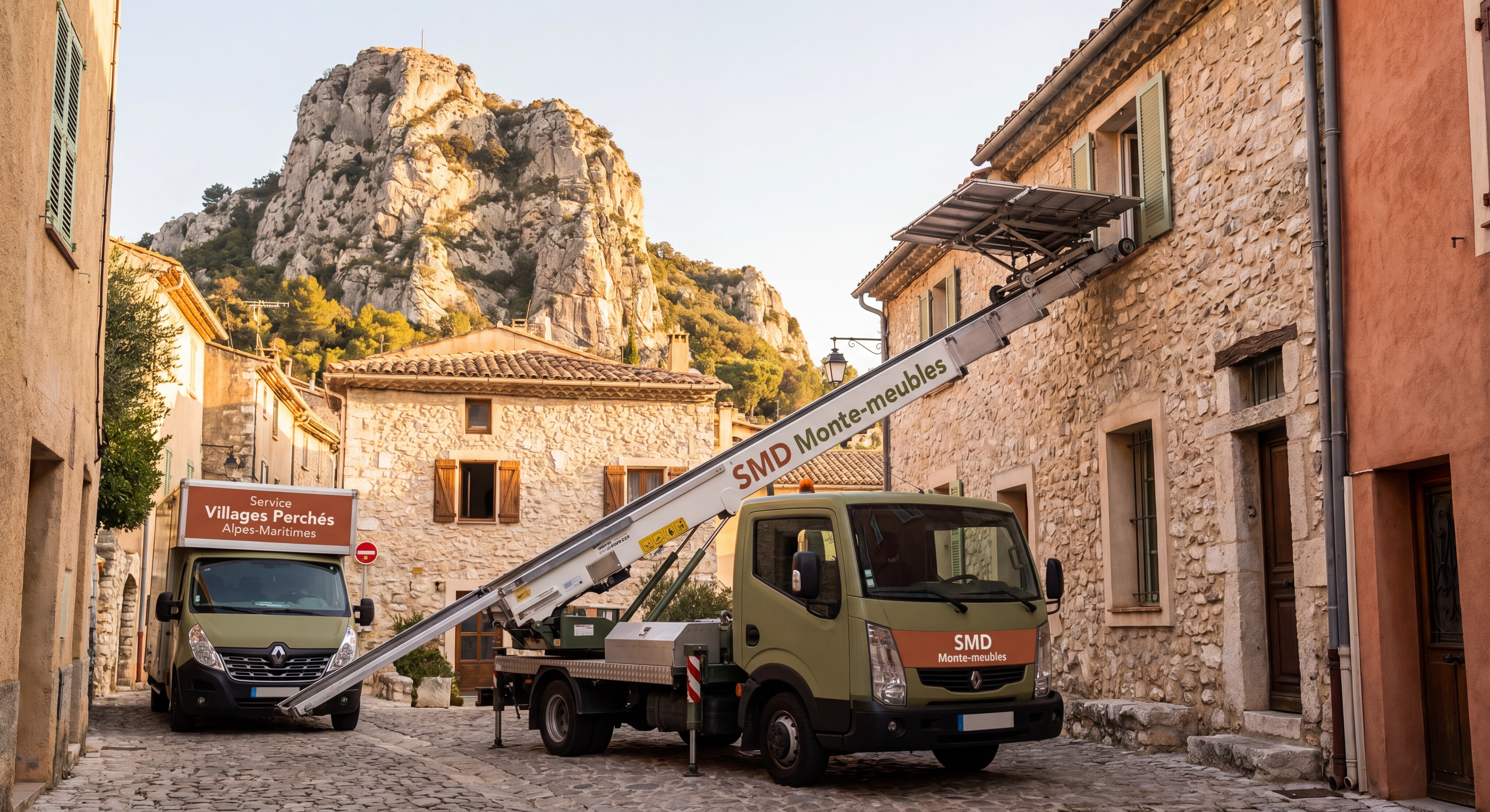 Monte-meubles SMD en action dans une ruelle de Saint-Jeannet avec le Baou en fond, service monte meubles villages perchés Alpes-Maritimes