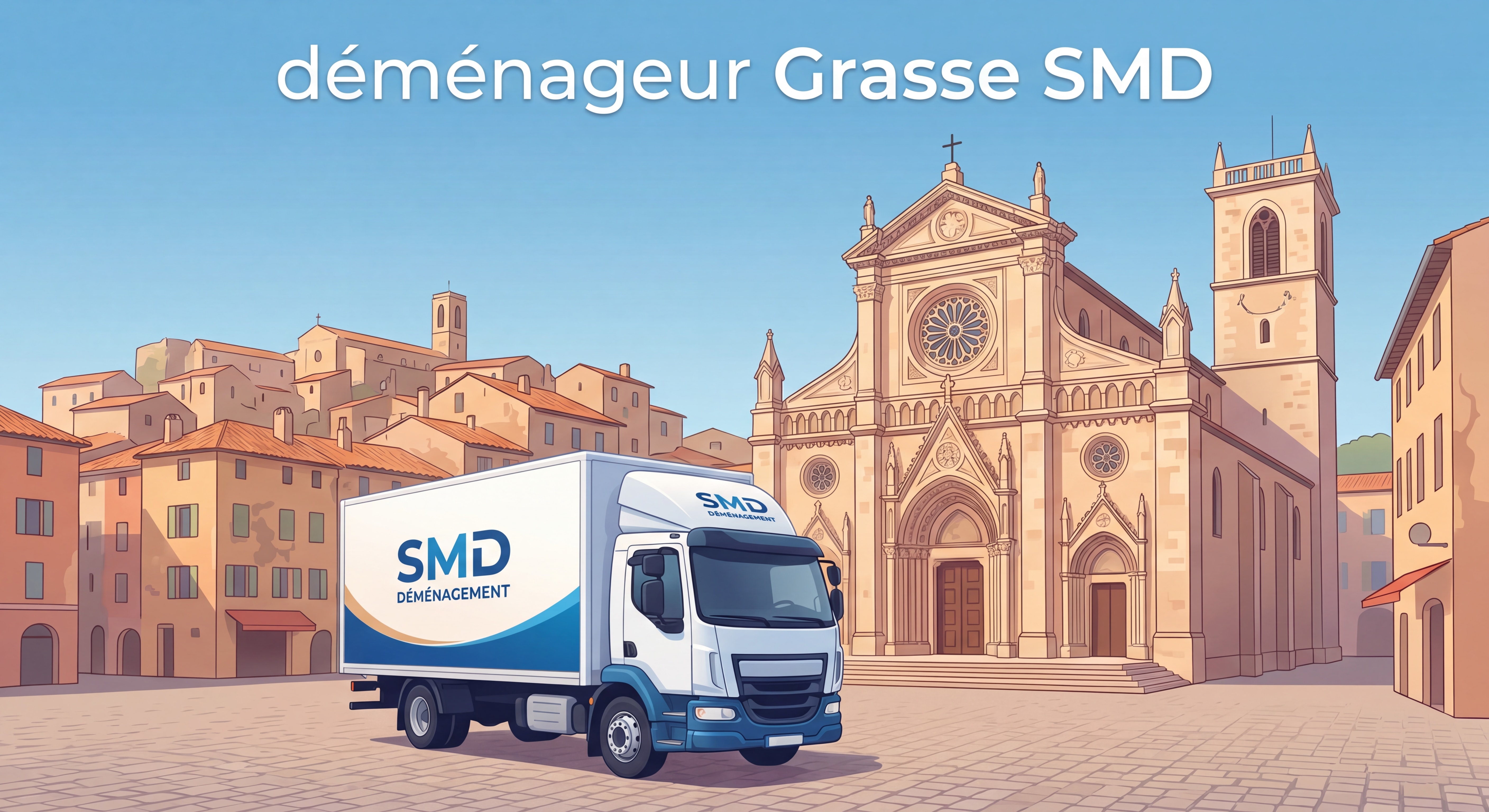 Camion SMD devant la Cathédrale Notre-Dame-du-Puy de Grasse avec la vieille ville en arrière-plan, déménageur Grasse SMD