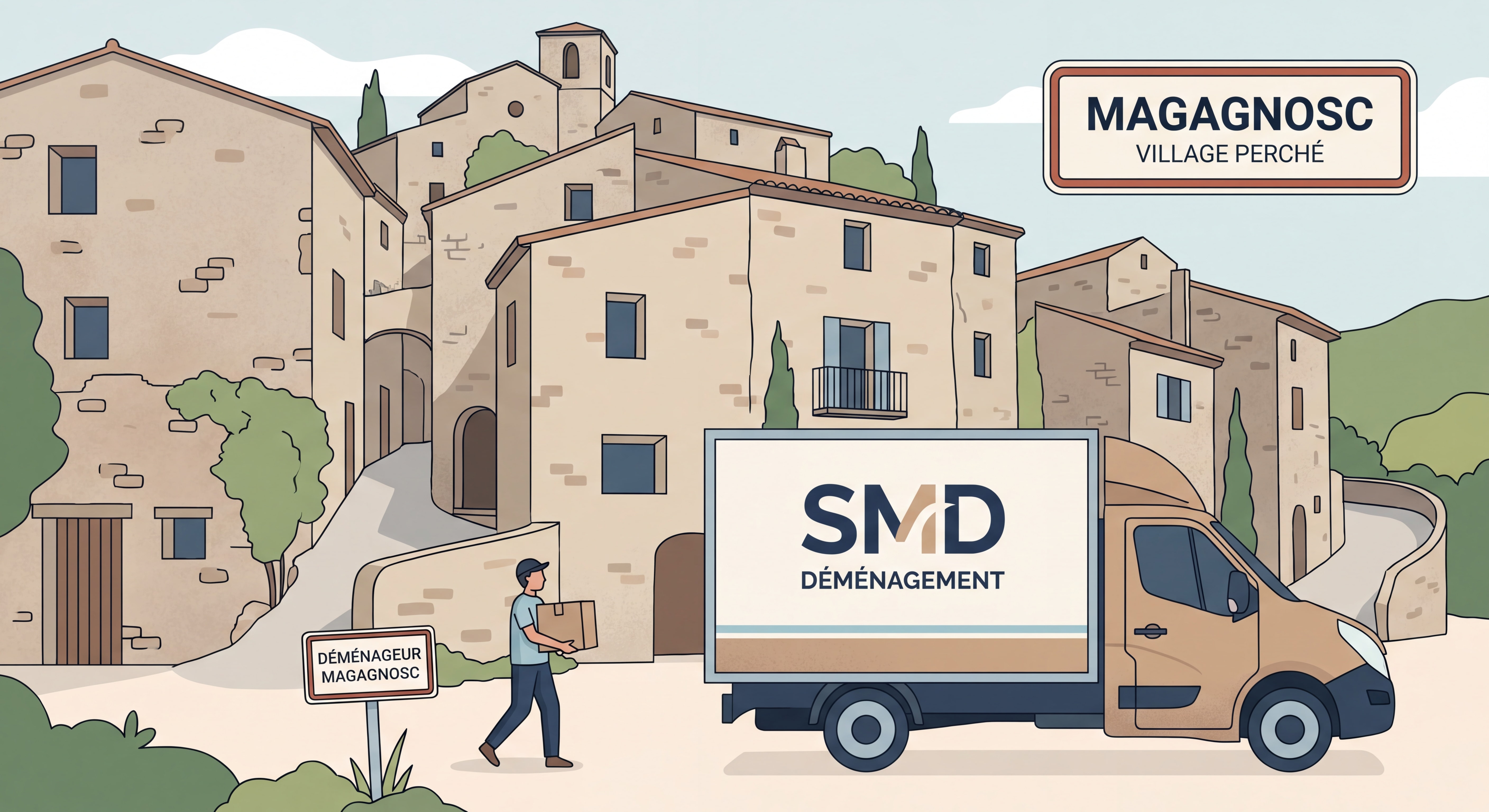Camion SMD devant le village perché de Magagnosc avec ses ruelles typiques et ses maisons en pierre, déménageur Magagnosc