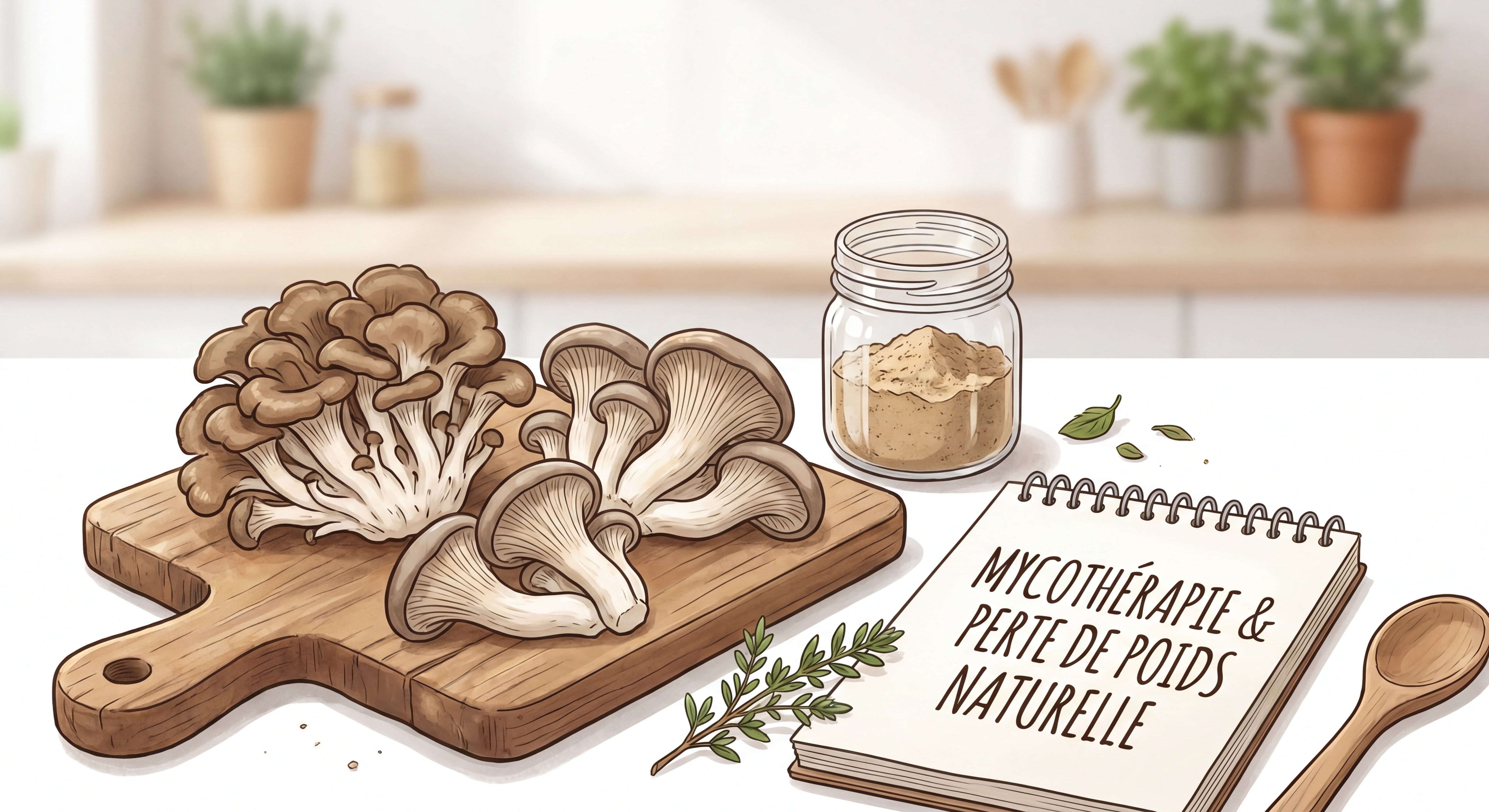 Champignons Maïtaké et Pleurote frais sur une surface en bois naturel, symboles de la mycothérapie et de la perte de poids naturelle