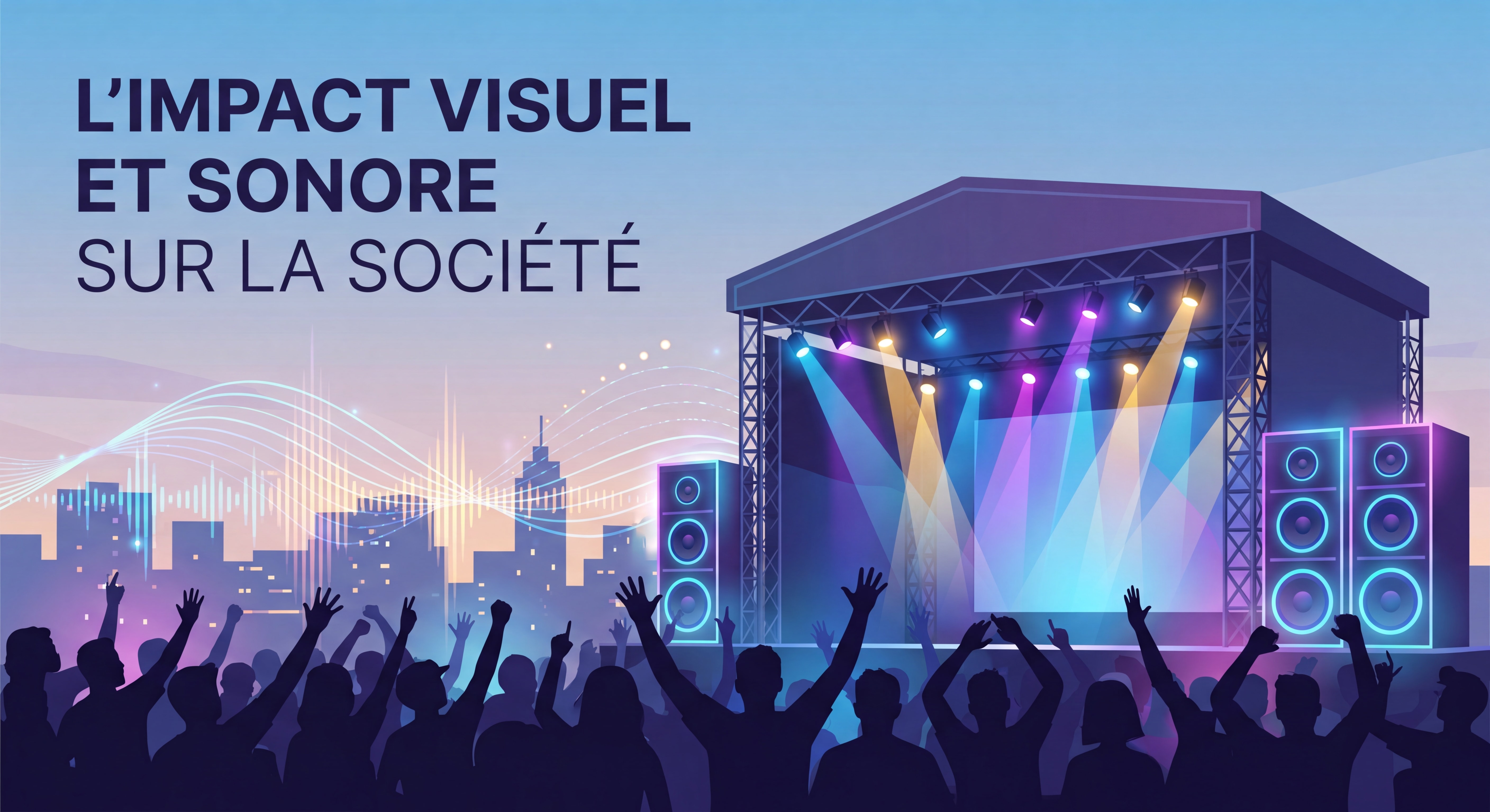 Scène de concert avec éclairage LED coloré et système de sonorisation professionnel lors d'un événement en plein air, représentant l'impact visuel et sonore sur la société